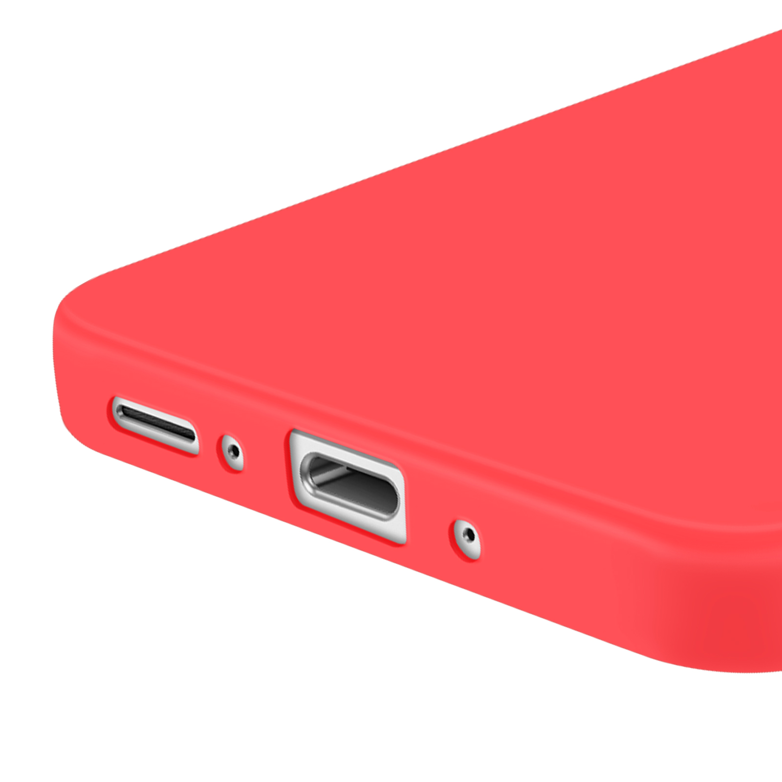 Un primo piano della parte inferiore di una custodia rossa per telefono. Ci sono fori per porte e pulsanti.
