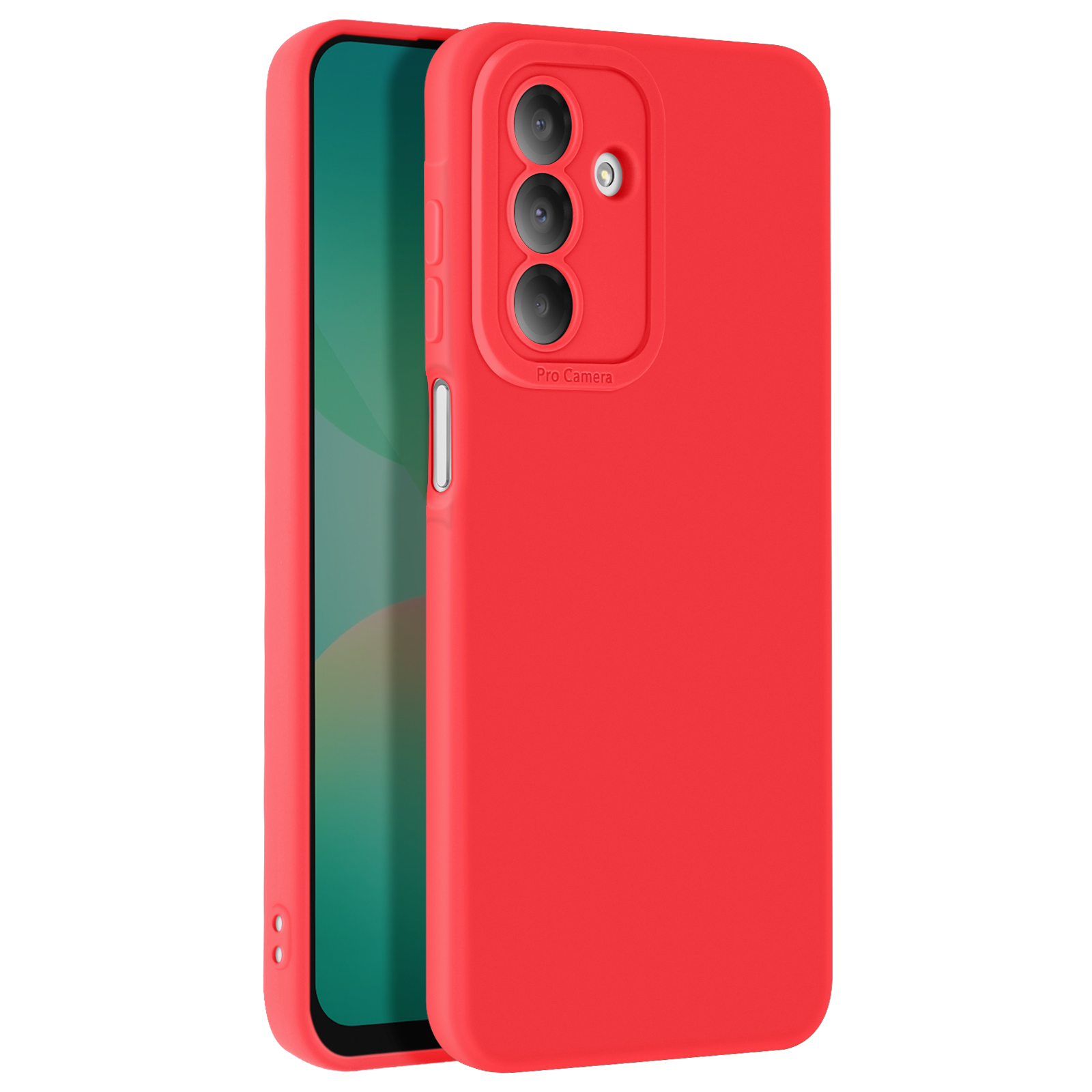 Una custodia per telefono rossa con tre obiettivi della fotocamera.