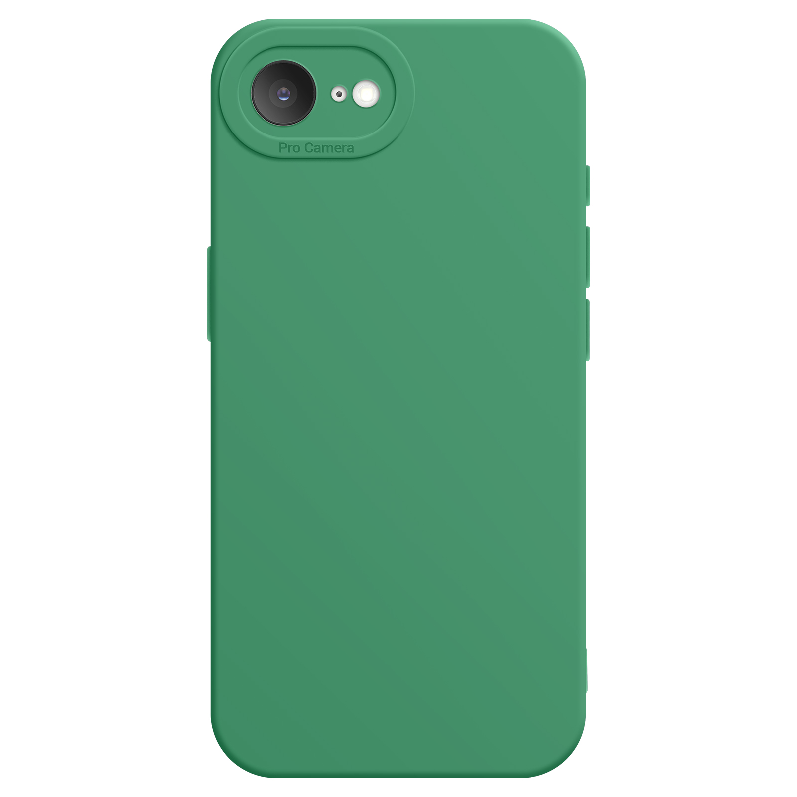 Une coque de téléphone verte avec une bosse pour la caméra sur fond blanc. La bosse de la caméra est étiquetée 'Pro Camera'.