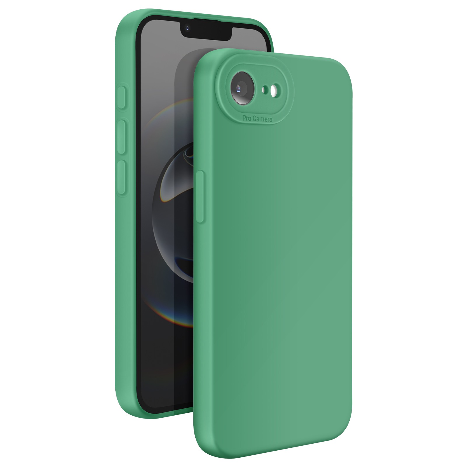 Coque de téléphone verte sur le téléphone. Le téléphone est noir. La coque a une bosse de caméra surélevée. Fond blanc.