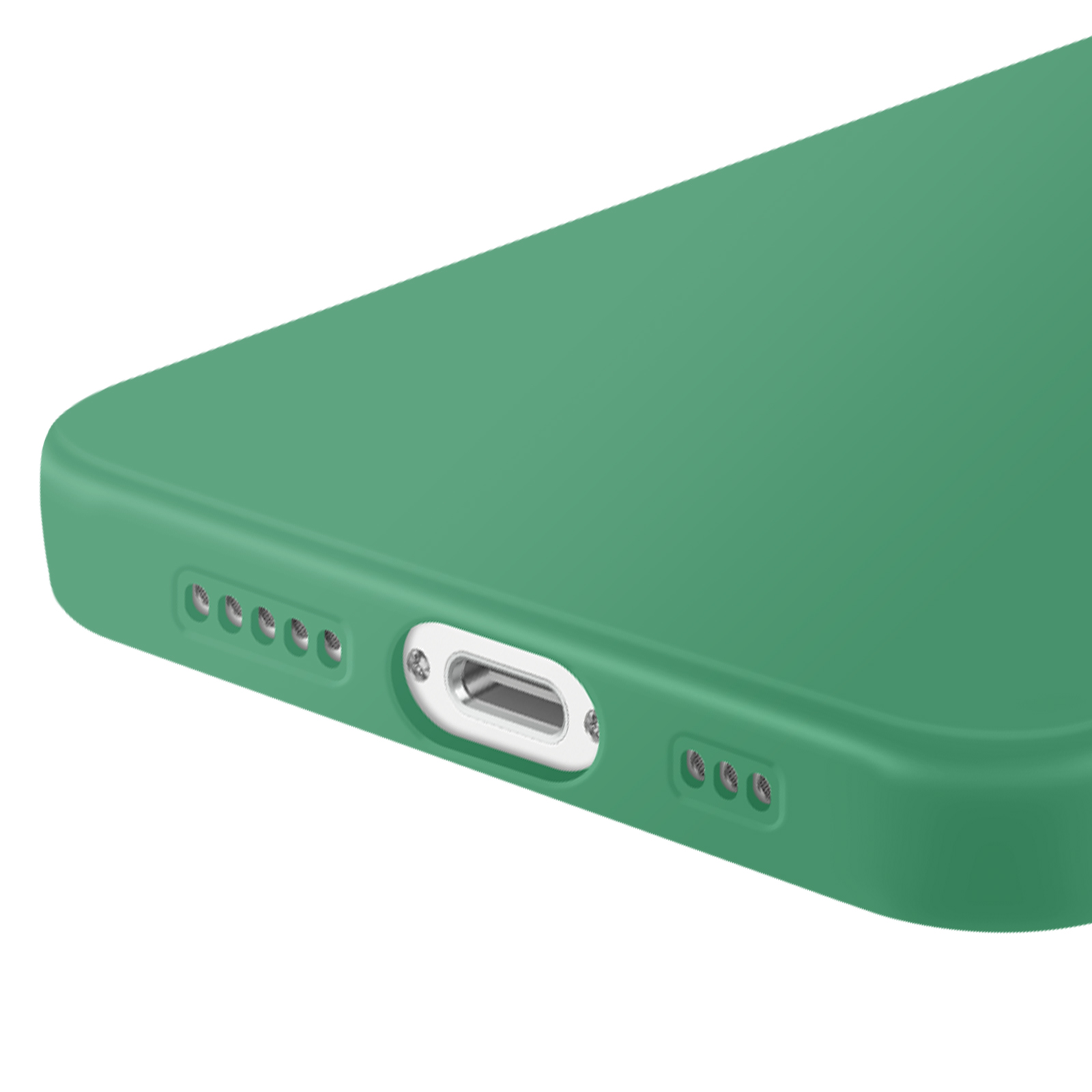 Gros plan sur une coque de téléphone verte, avec le port et les trous du haut-parleur visibles sur fond blanc.