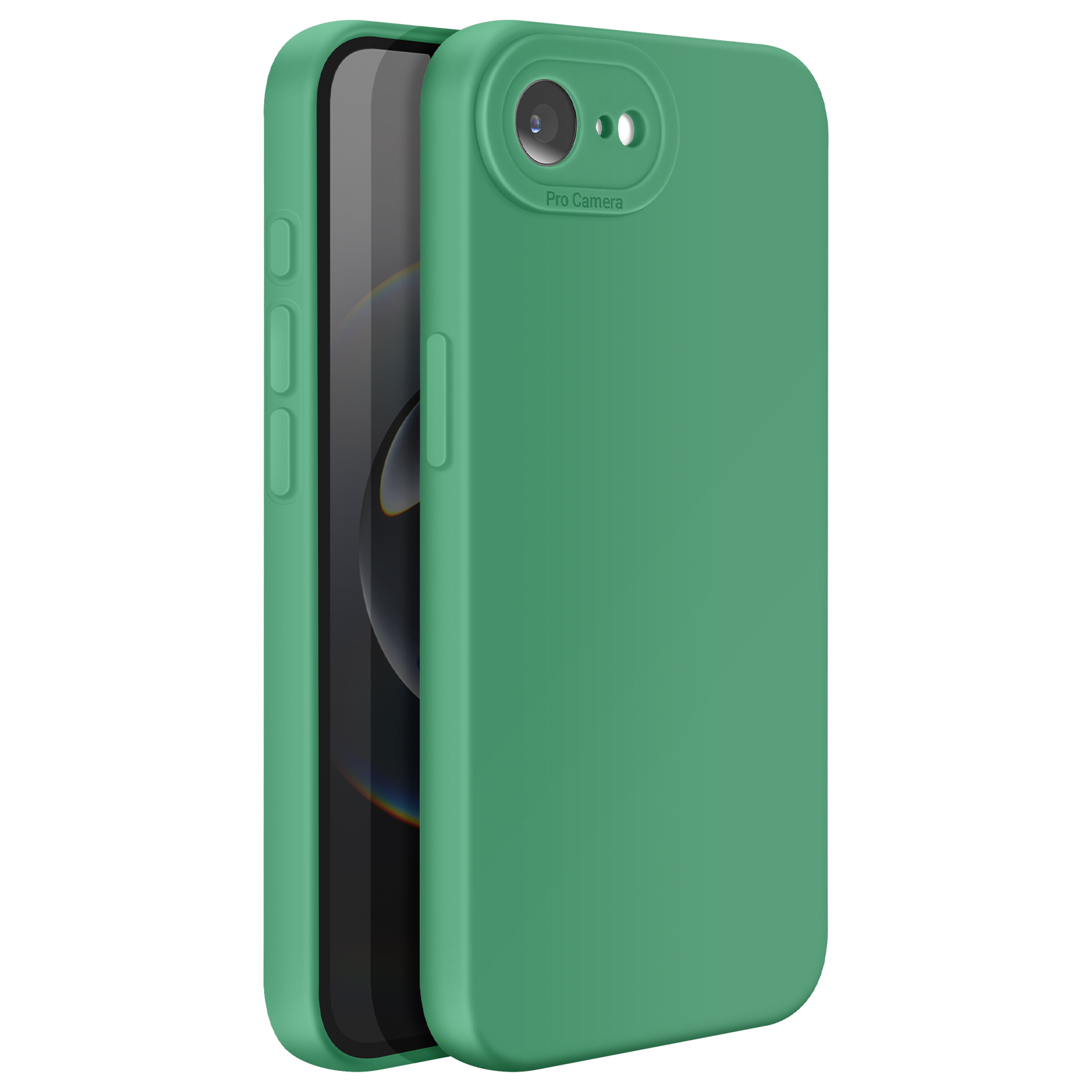 Coque de téléphone verte avec un téléphone à l'intérieur. La coque a une découpe pour l'appareil photo et est mate.
