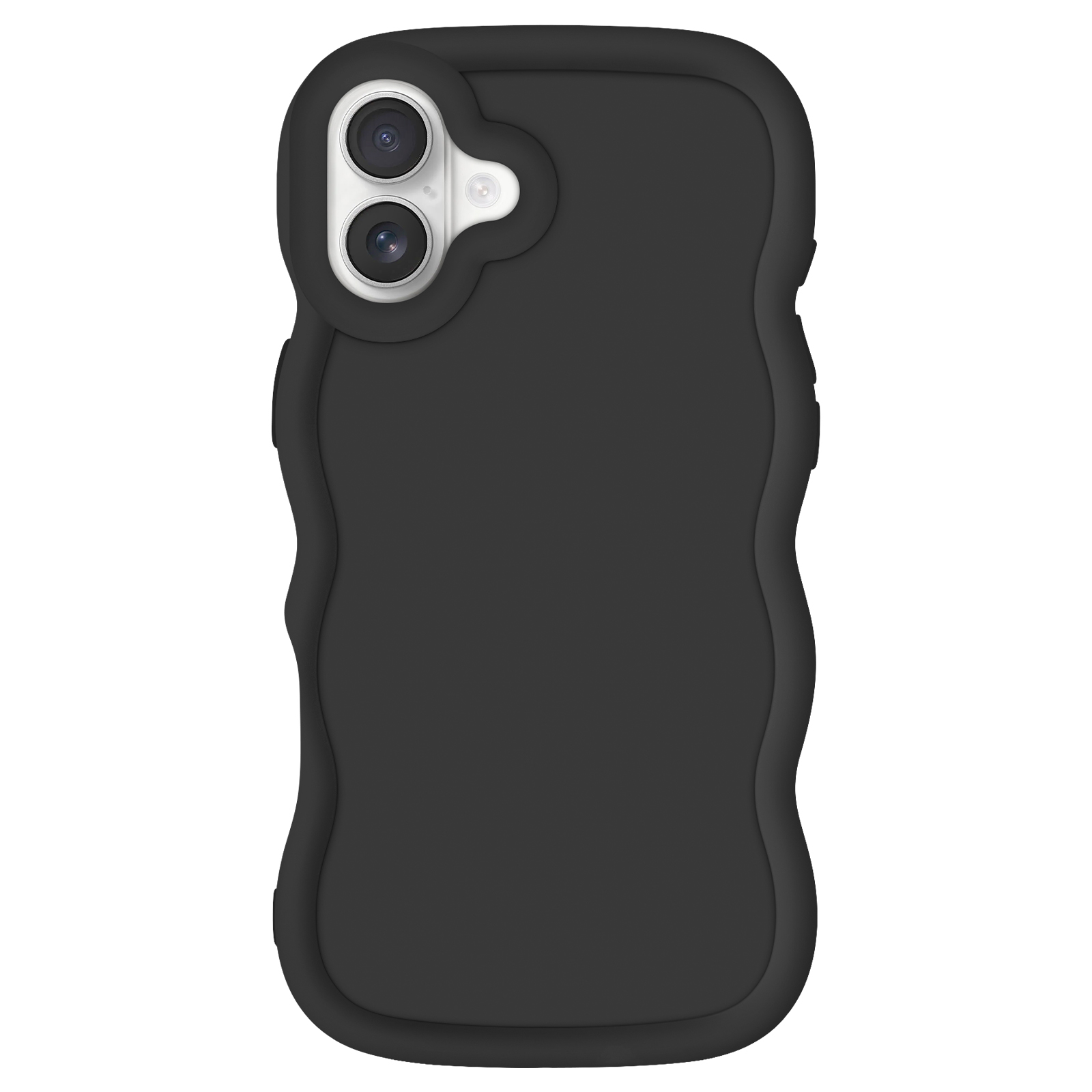Custodia per telefono nera con design ondulato e due ritagli per la fotocamera.