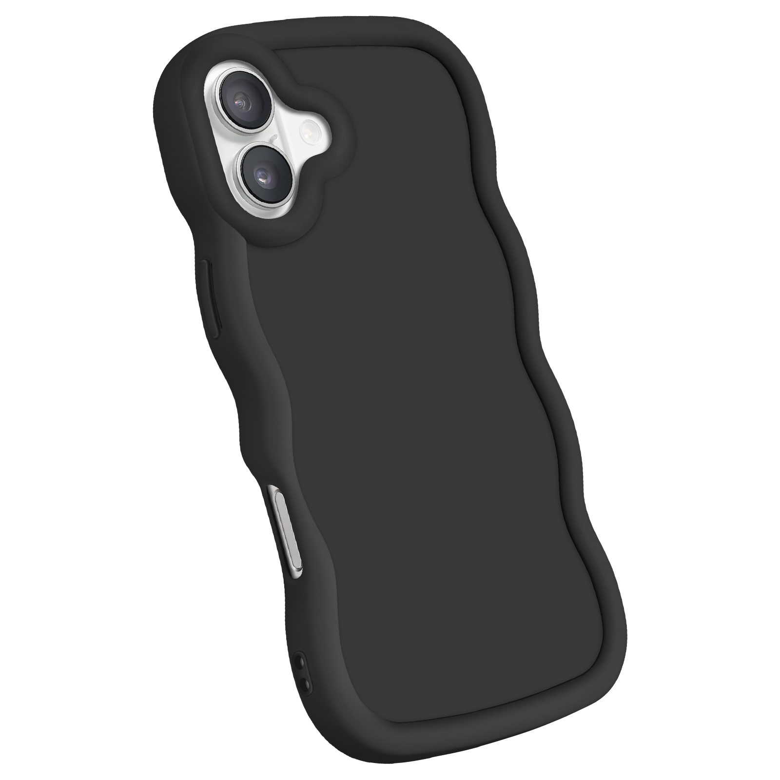 Custodia nera per telefono con bordi ondulati. Visibile il telefono con doppia fotocamera.