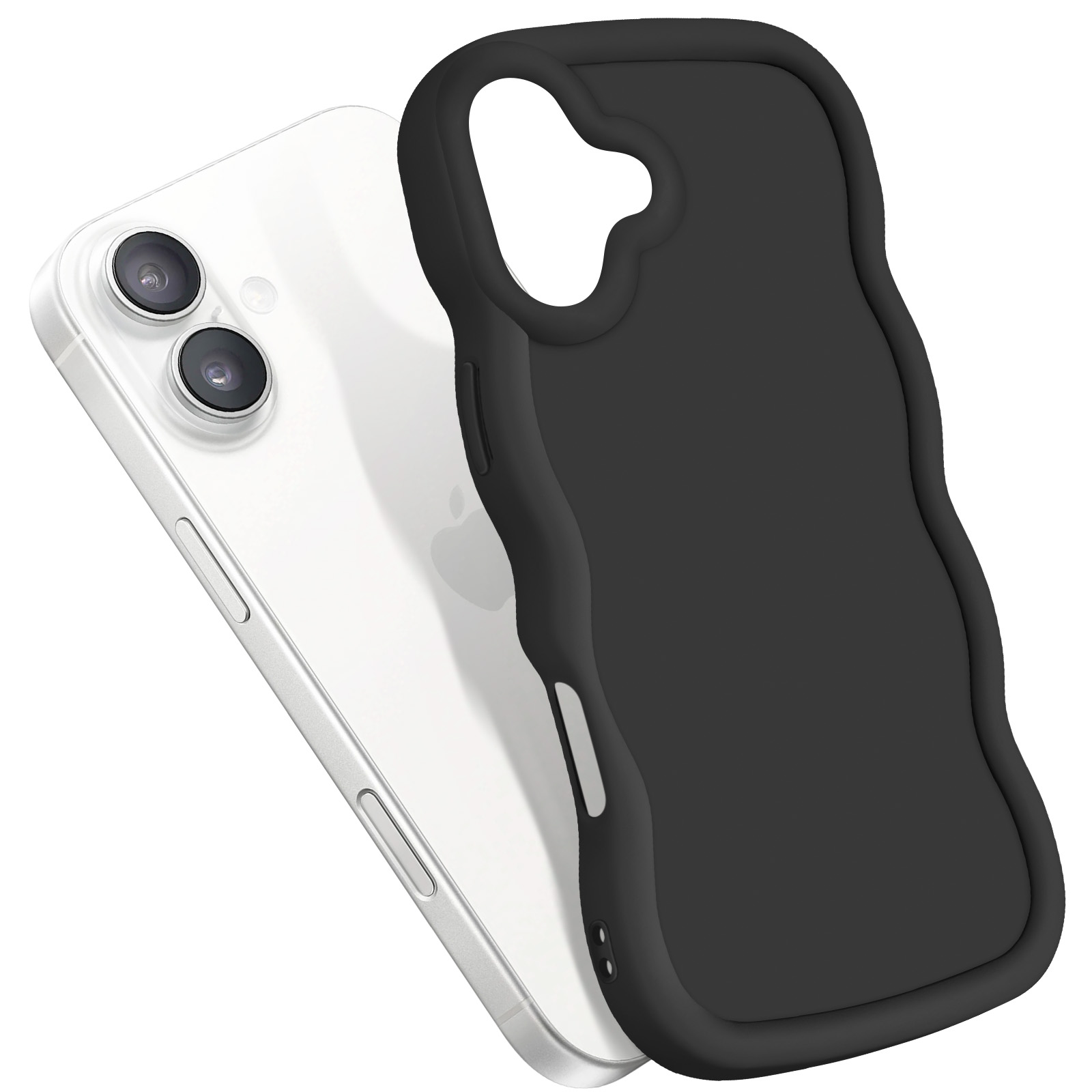 iPhone bianco e custodia nera. La custodia è installata sul telefono. La custodia è nera.