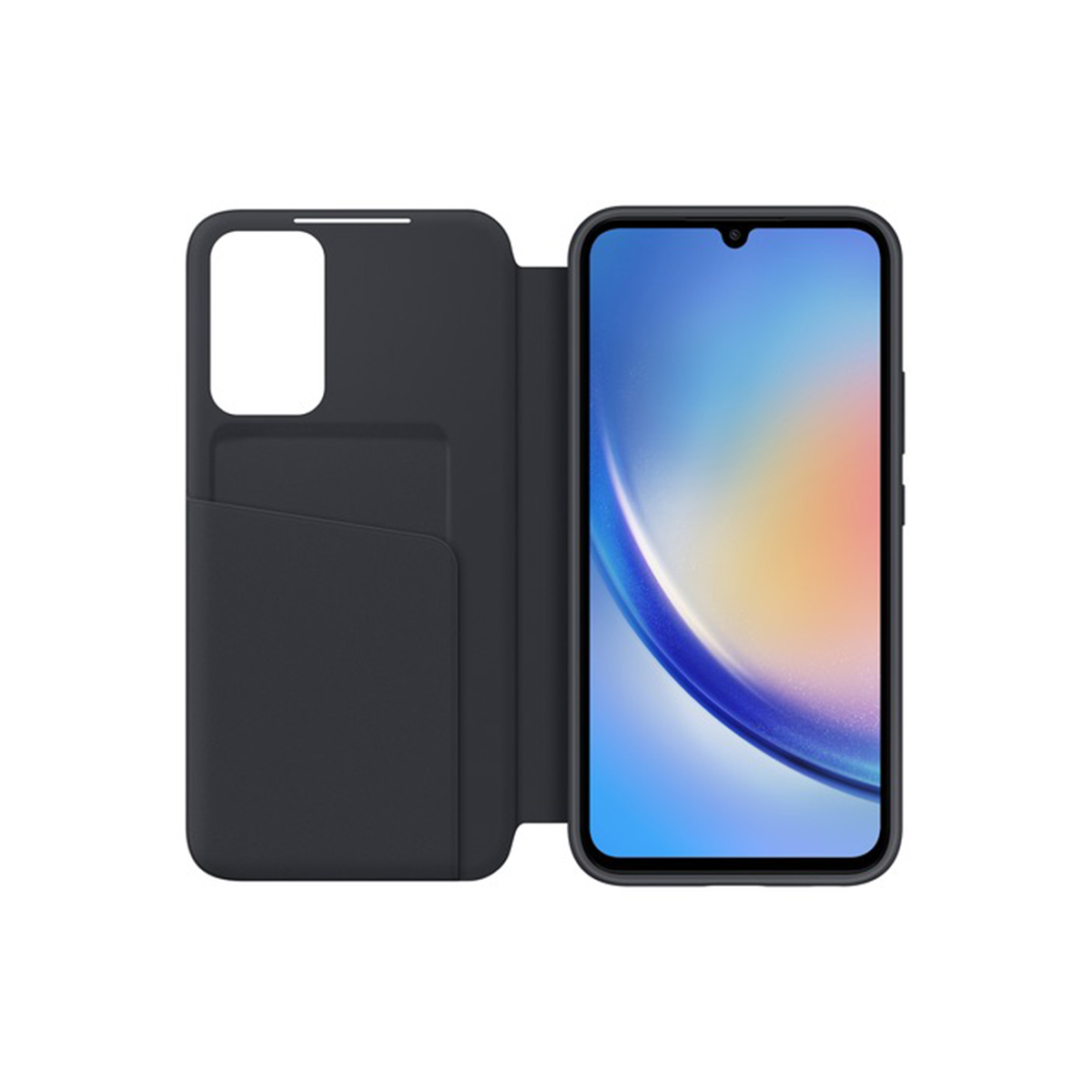 Open marineblauwe telefoonhoes met telefoon erin. Telefoon heeft blauw scherm.
