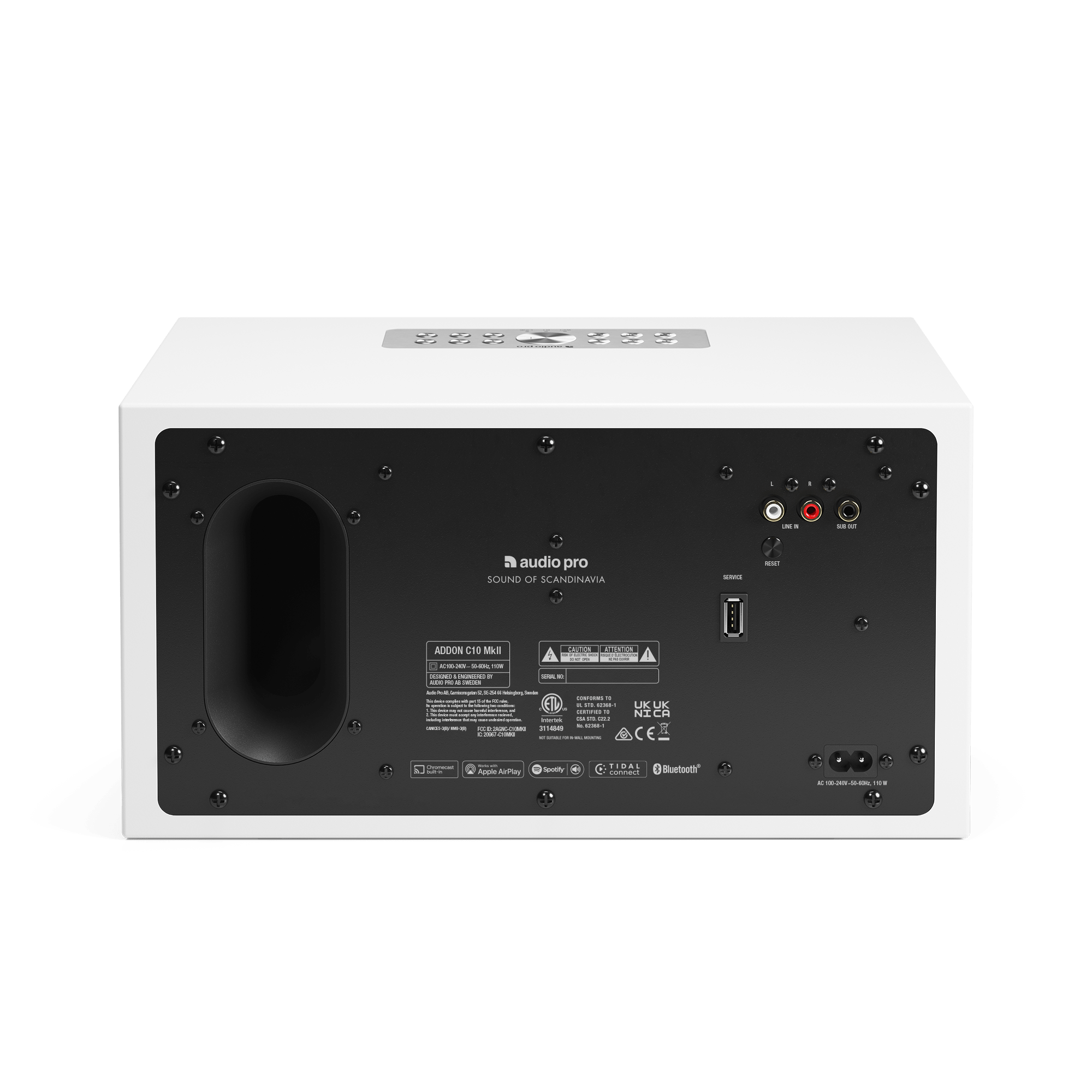 Vista posteriore di un sistema audio pro bianco con connettori e porte.