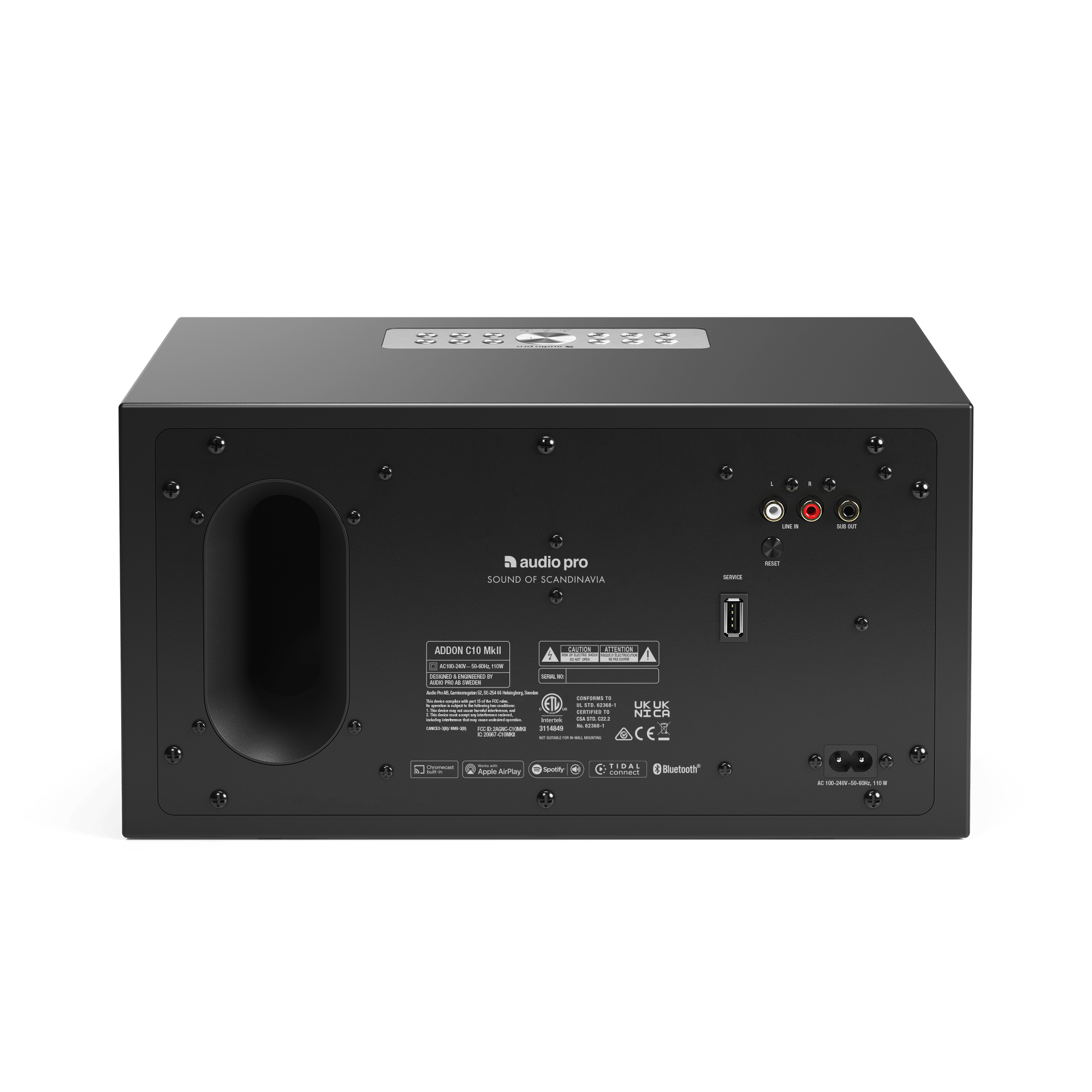 Sistema audio nero con pannello posteriore visibile.