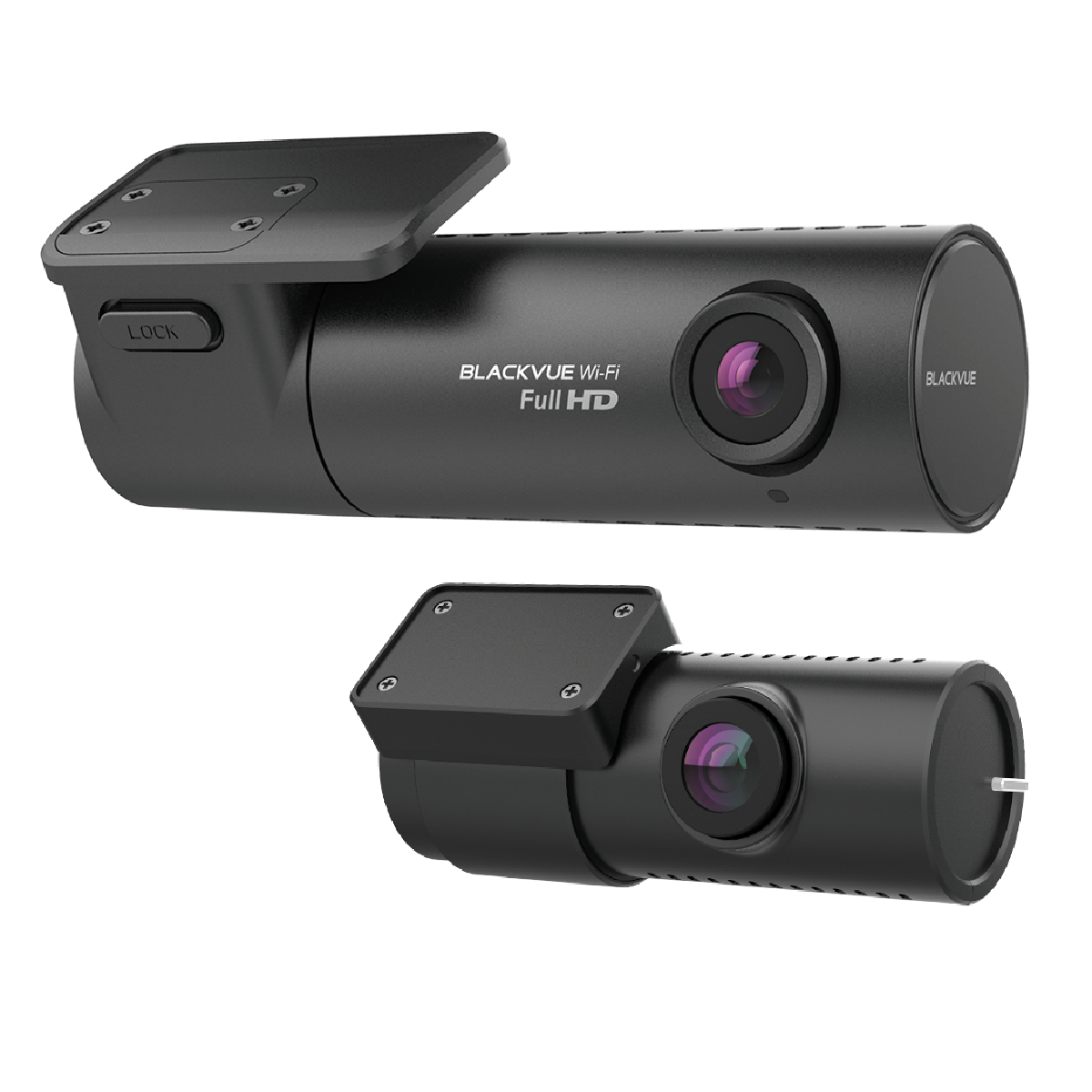 Deux caméras embarquées noires, une avec support, l'autre sans, toutes deux avec le logo Blackvue Wi-Fi et Full HD.