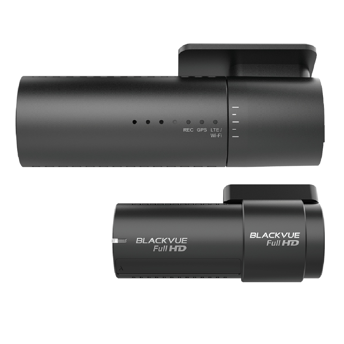 Deux caméras de tableau de bord noires, une avec des boutons REC, GPS, LTE, WiFi. L'autre avec 'BLACKVUE' et 'FULL HD'.