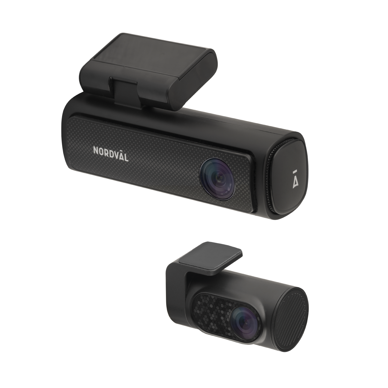 Dashcam Nordväl noire avec caméras avant et arrière et écrans. La caméra avant a un design en fibre de carbone.