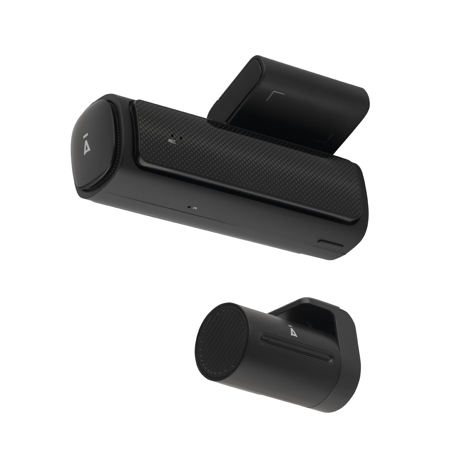 Caméra de tableau de bord noire avec bras étendu et module séparé, sur fond noir.