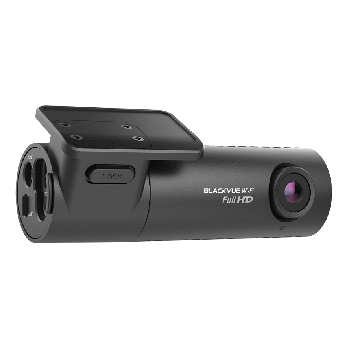 Dashcam noire avec la marque 'Blackvue' et 'Full HD'. Vue en angle avec ports sur le côté.