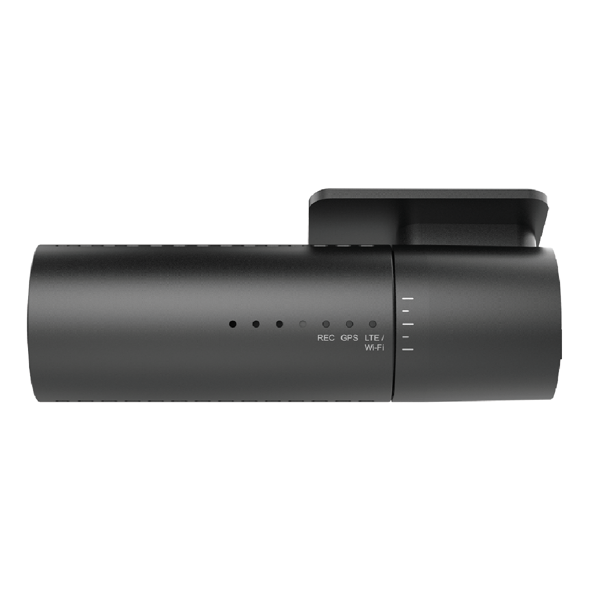 Caméra de tableau de bord cylindrique noire avec indicateurs REC, GPS, LTE/Wi-Fi.