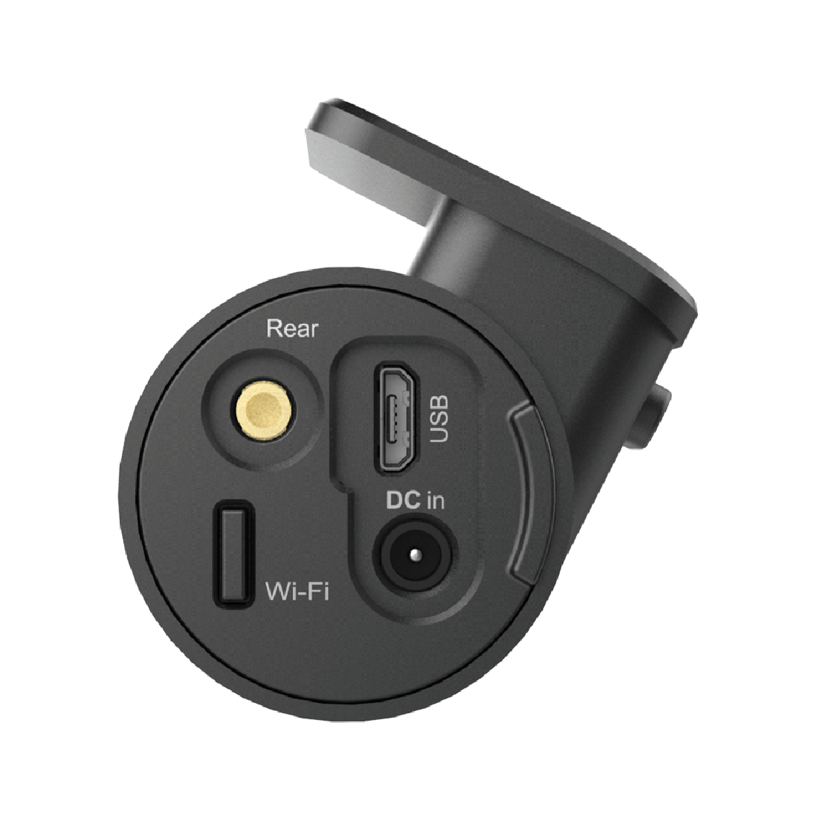 Gros plan sur le côté d'une caméra de tableau de bord noire. Ports visibles : arrière, USB, DC in et Wi-Fi. Fond blanc.