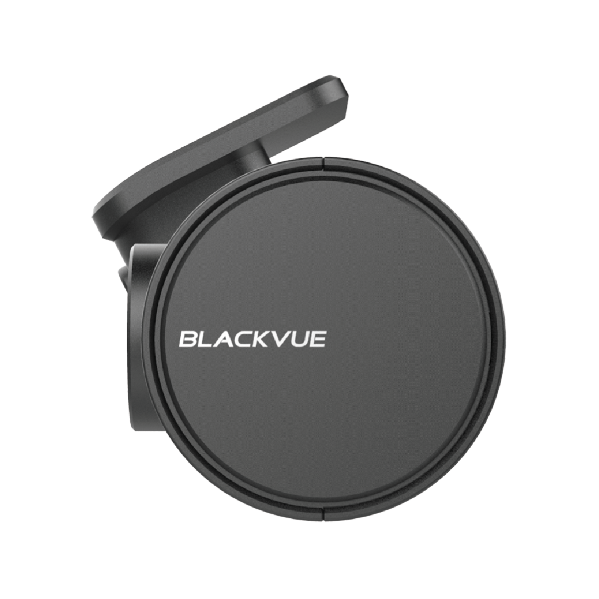 Une caméra embarquée noire avec le logo Blackvue, montée et légèrement inclinée vers la droite, sur fond blanc.
