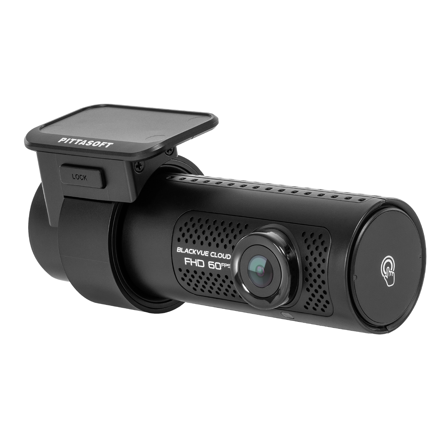 Une caméra de bord noire avec un écran et un objectif. Affiche le logo Blackvue Cloud et FHD 60fps. Possède un bouton d'alimentation.