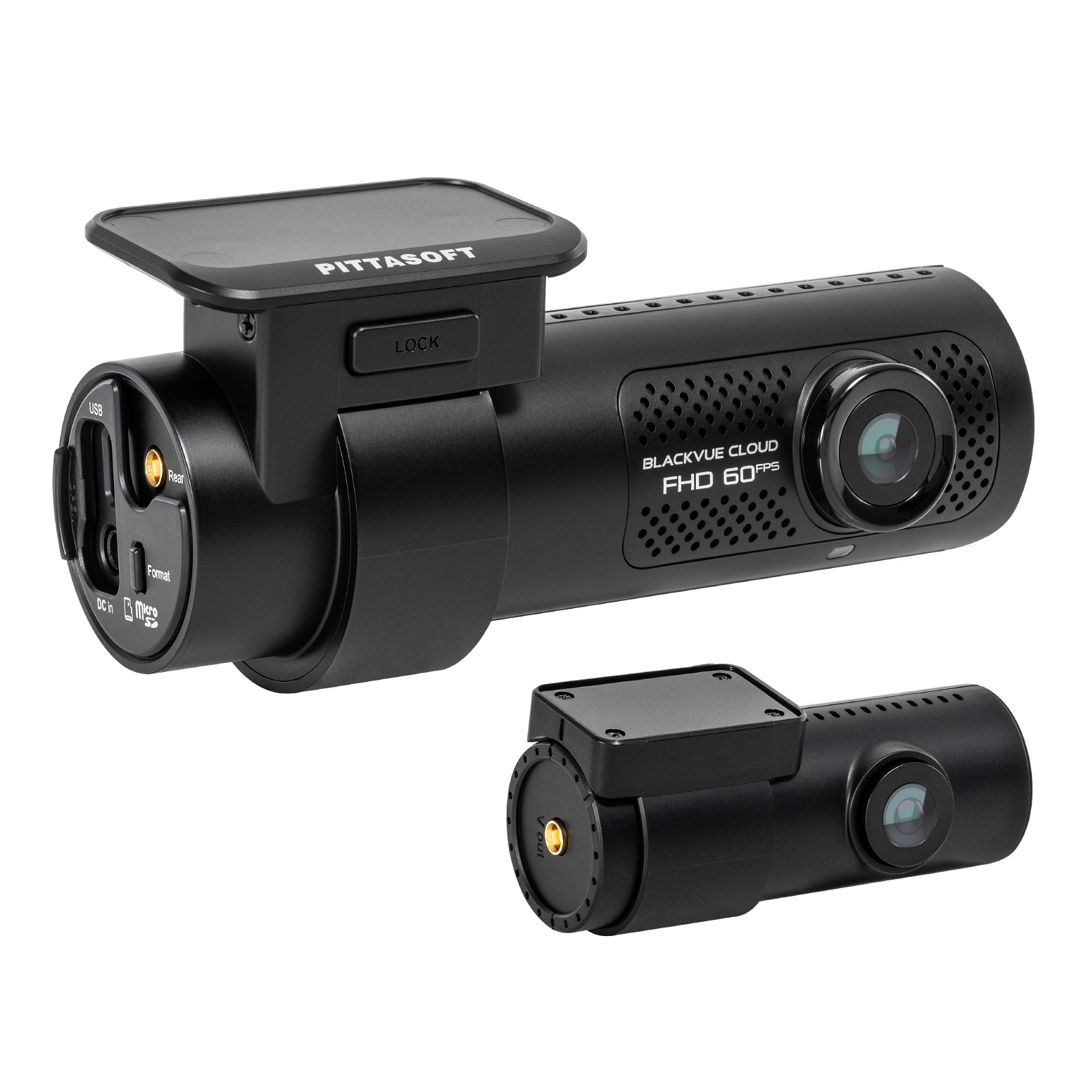 Dashcam Blackvue avec caméras avant et arrière, un écran et la marque Blackvue FHD 60fps.