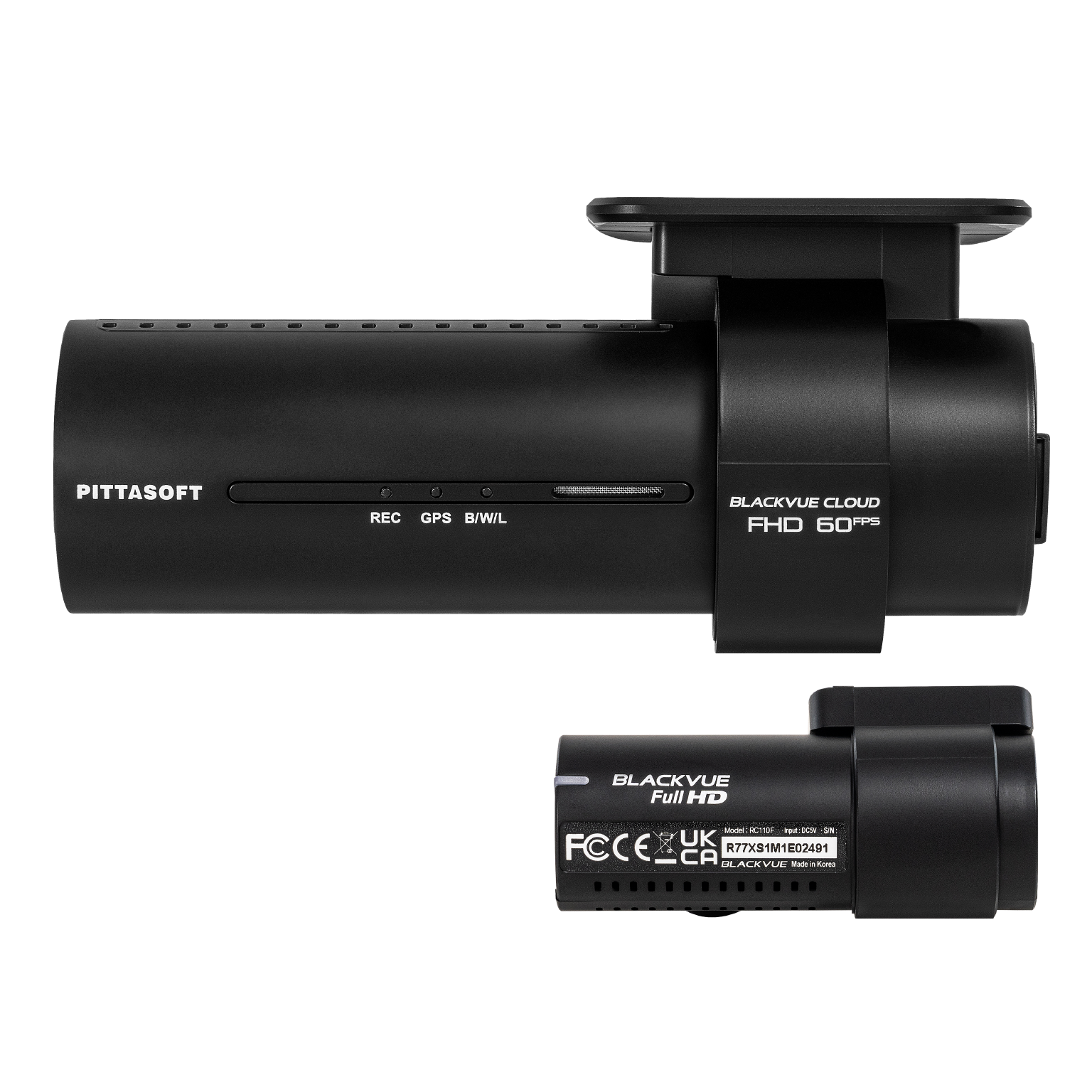 Dashcam noire, montrant le nom, les étiquettes et les détails de conception.