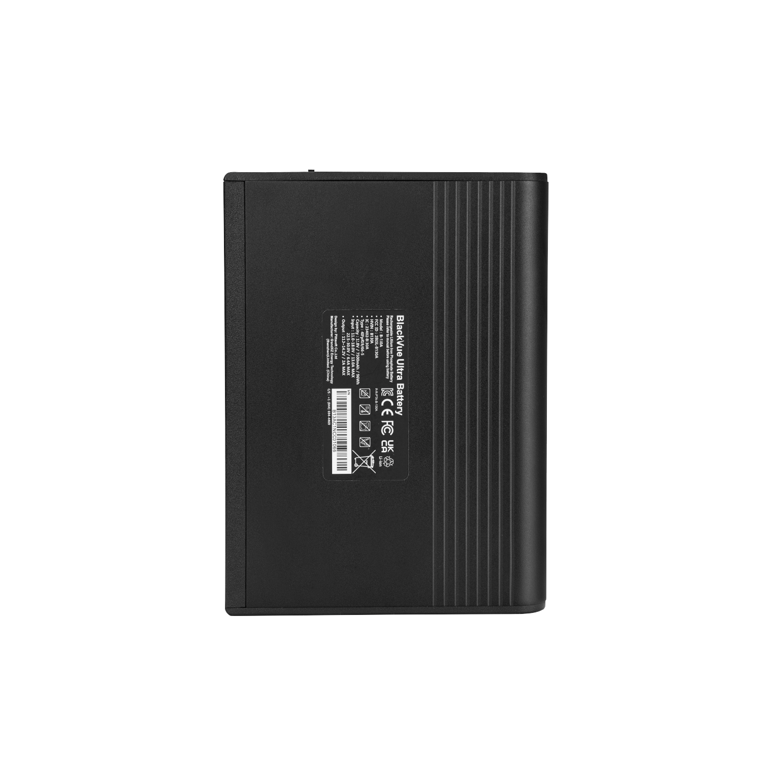 A black, rectangular battery pack with a label on the back. The background is black.