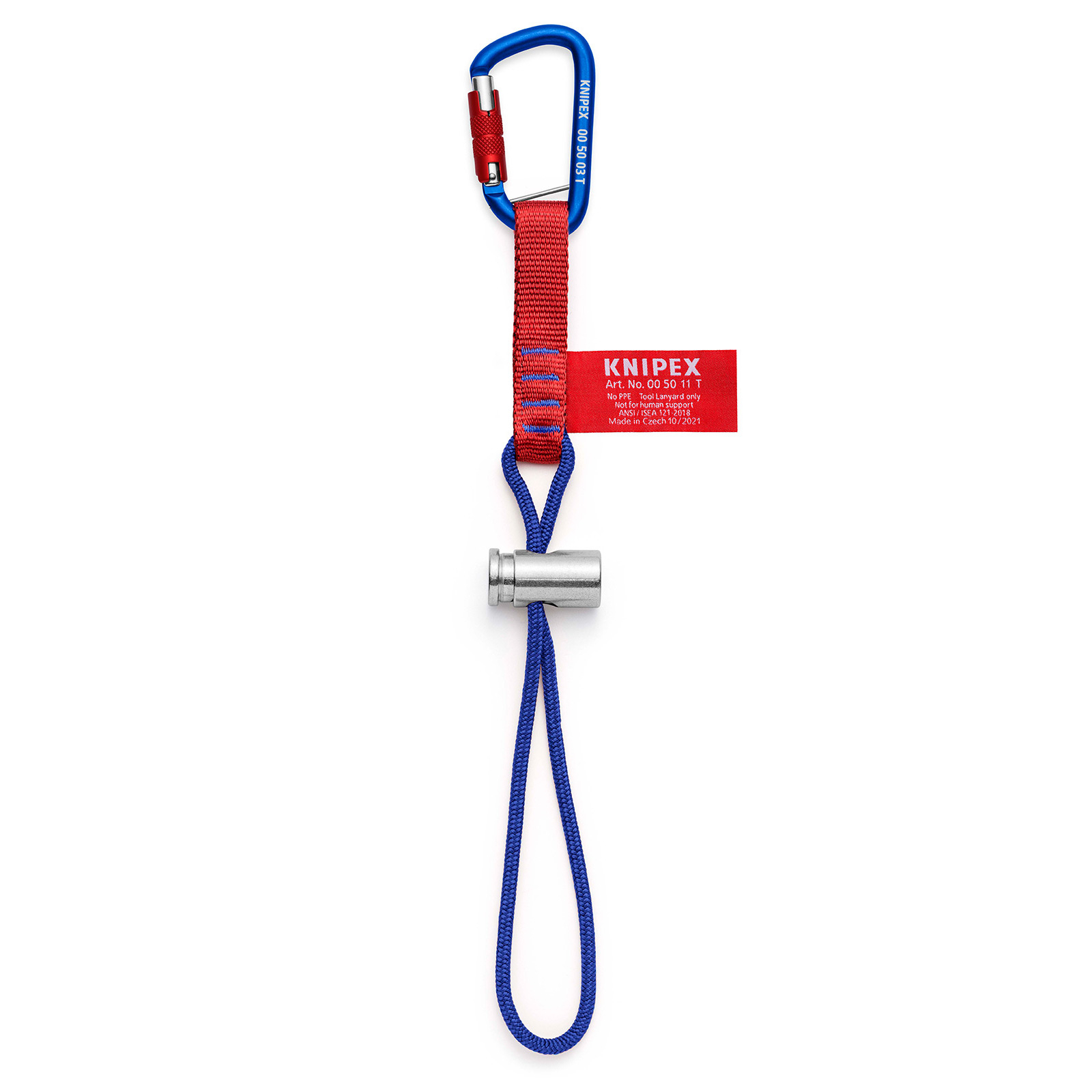 Attrezzatura da arrampicata blu e rossa attaccata a una superficie bianca.