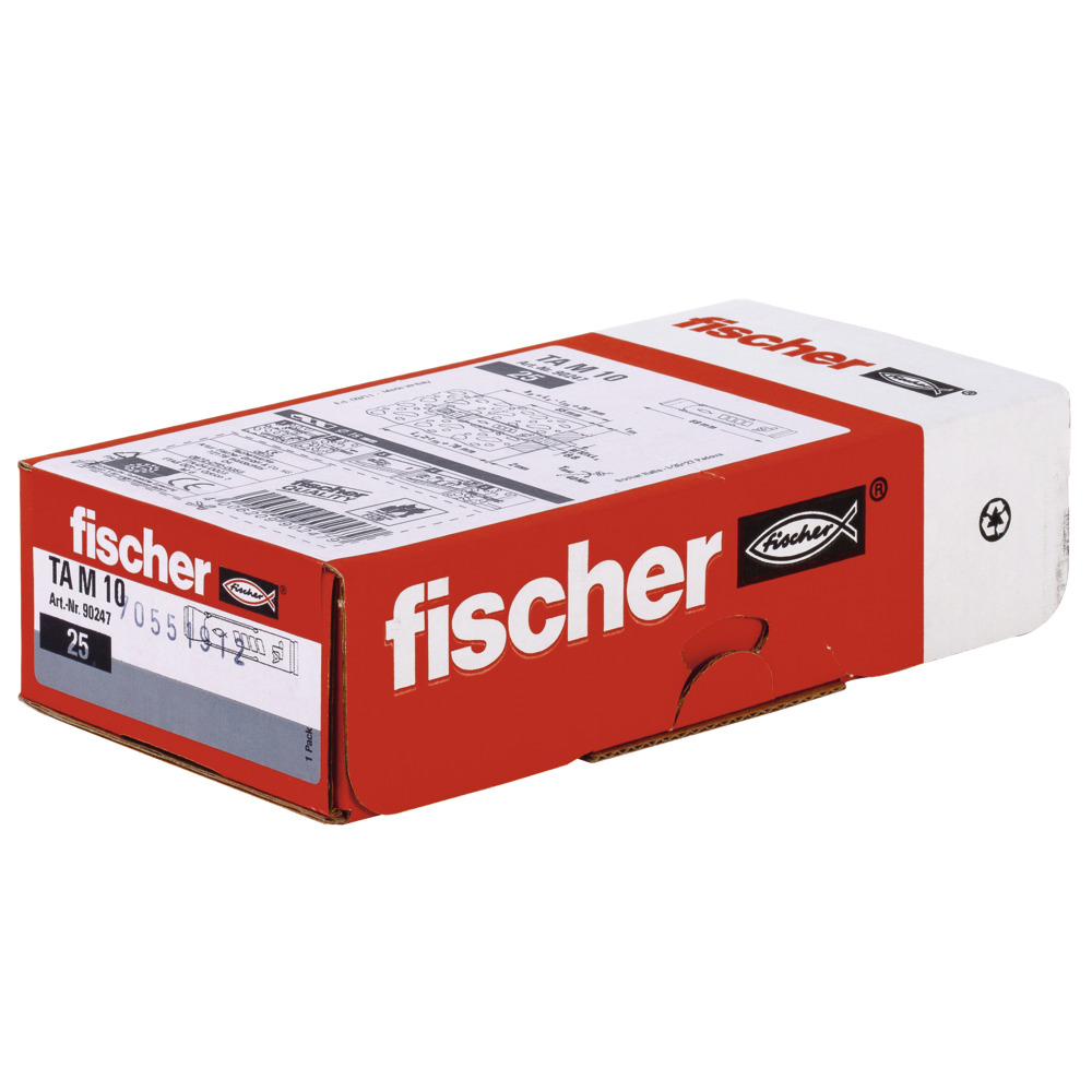 Una scatola con colori rosso e bianco. La scatola ha il marchio "fischer" sopra.