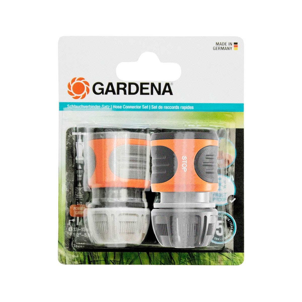 Set di connettori per tubo flessibile Gardena in confezione. Connettori arancioni e neri con 'STOP'. Sfondo bianco.