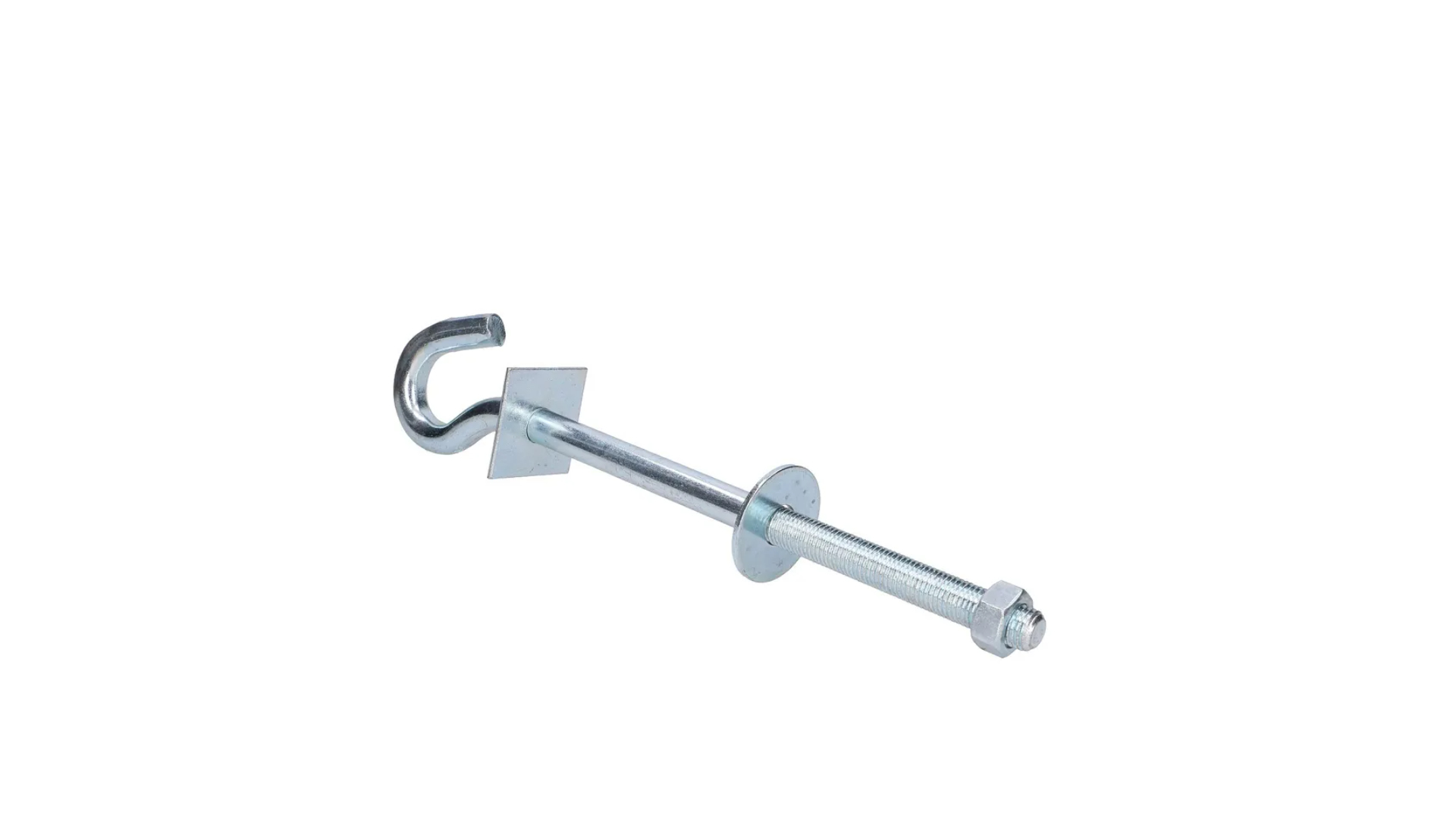 Ein Metallhakenbolzen mit quadratischer Platte, Unterlegscheibe, Mutter und Gewindestange.