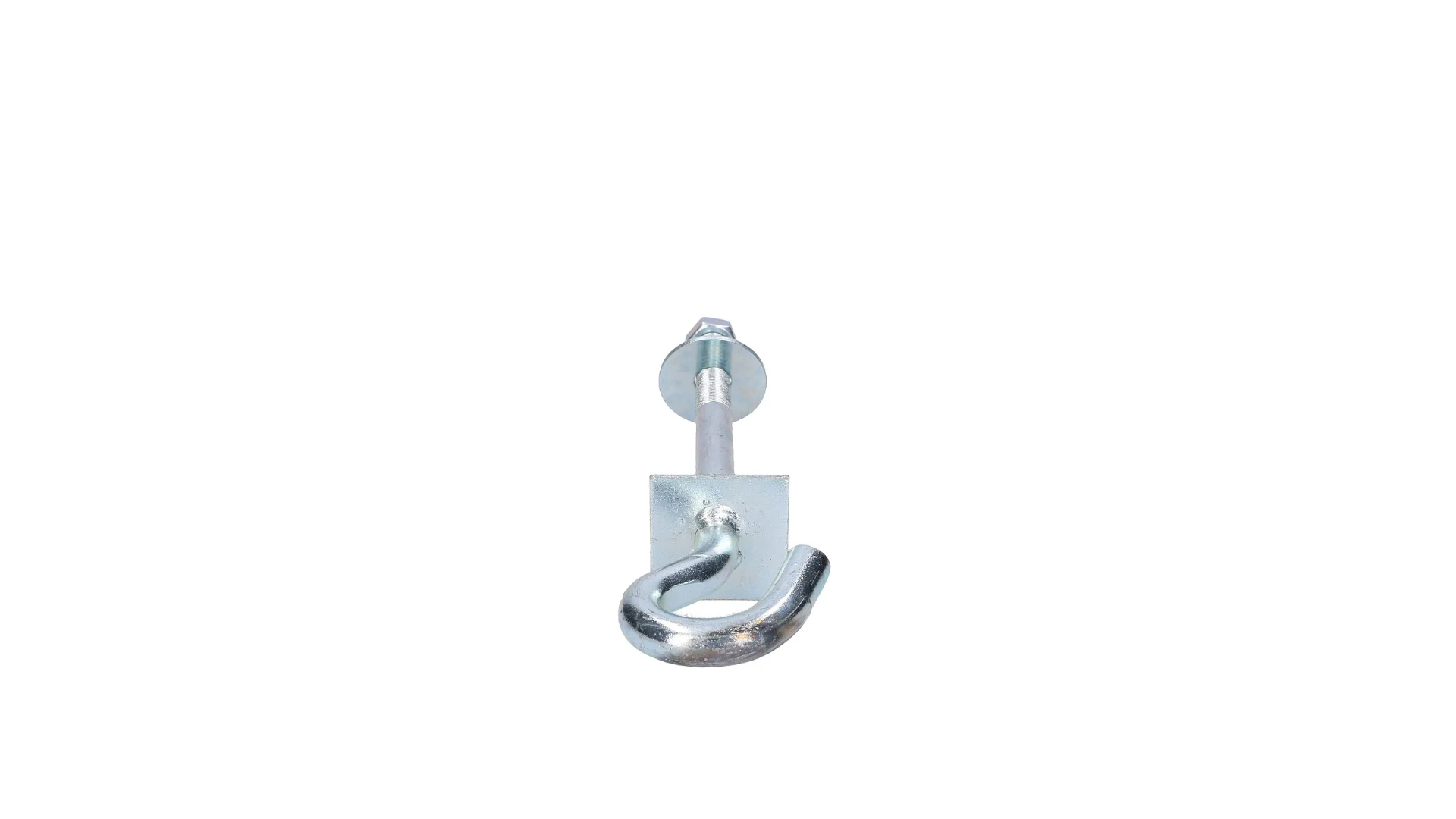 Ein Metallhakenbolzen mit quadratischer Platte, Unterlegscheibe und Mutter ist sichtbar.
