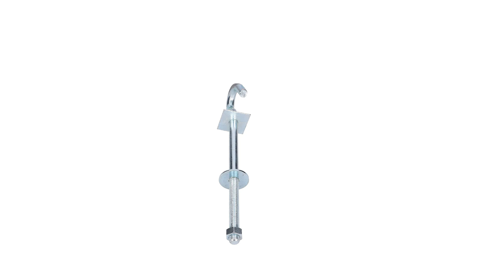 Ein Metallhakenbolzen mit quadratischer Platte, Unterlegscheibe, Mutter und Gewindestange.