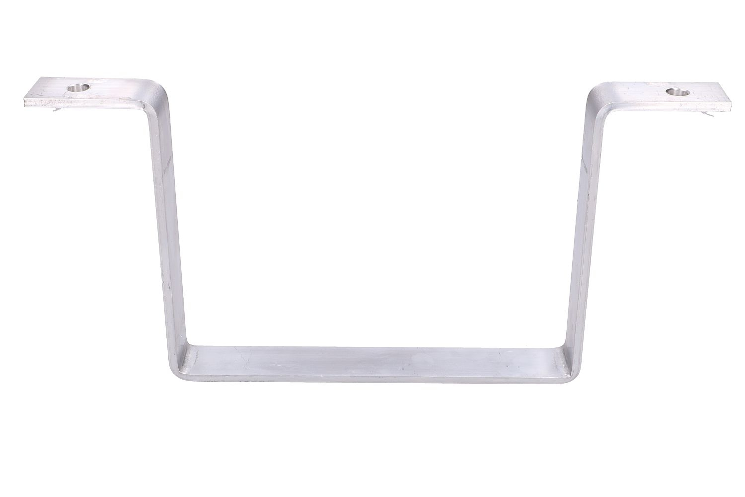 Silberne Metallhalterung in Form eines umgekehrten U. Weißer Hintergrund.