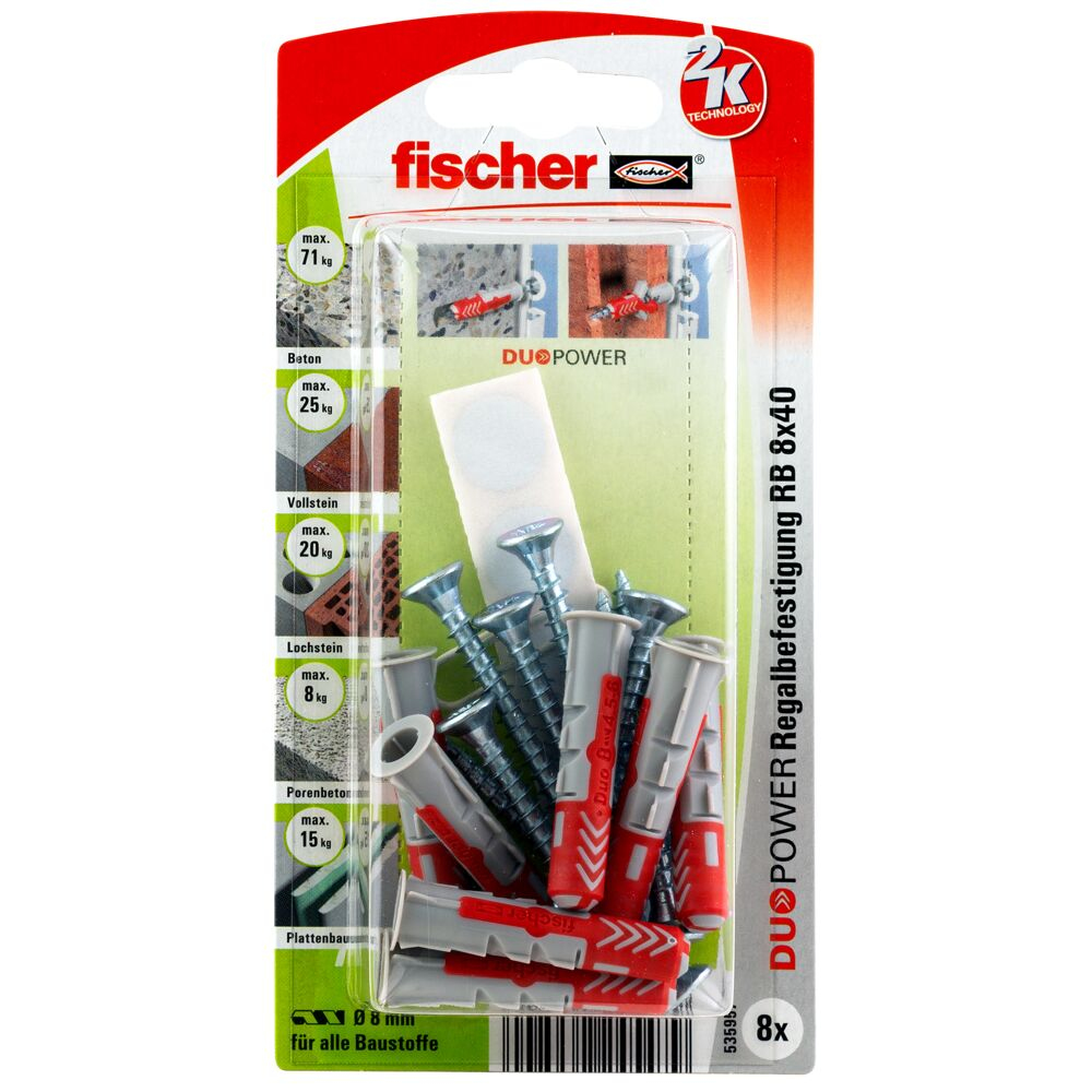 Eine Packung Fischer Duopower Wanddübel und Schrauben. Die Packung zeigt auch die Tragfähigkeit.