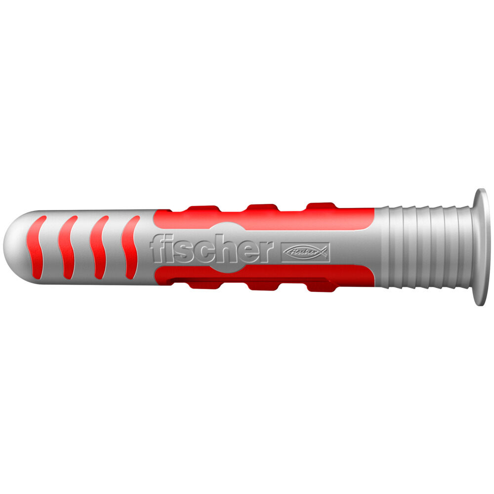 Een rode Fischer plug met een zilveren schroef.