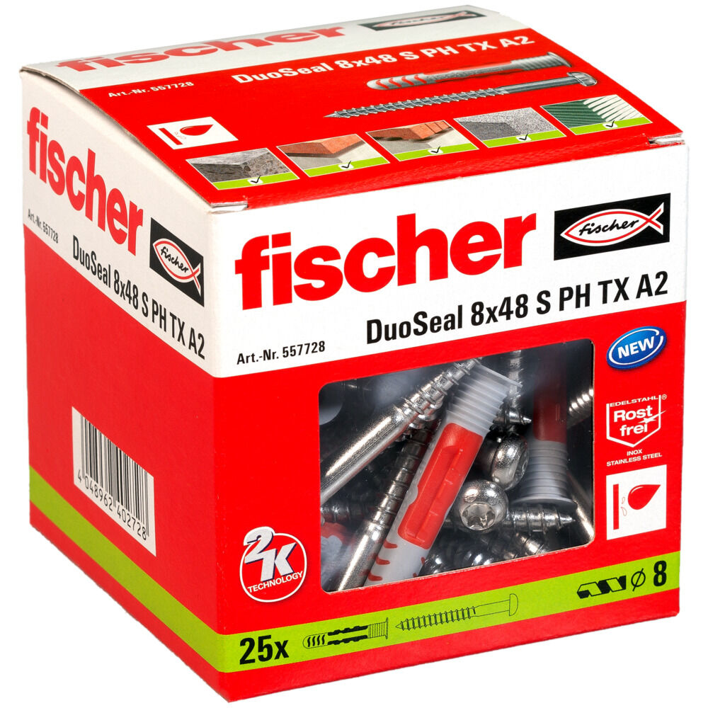 Doos met Fischer DuoSeal schroeven en pluggen met rode en zilveren componenten.