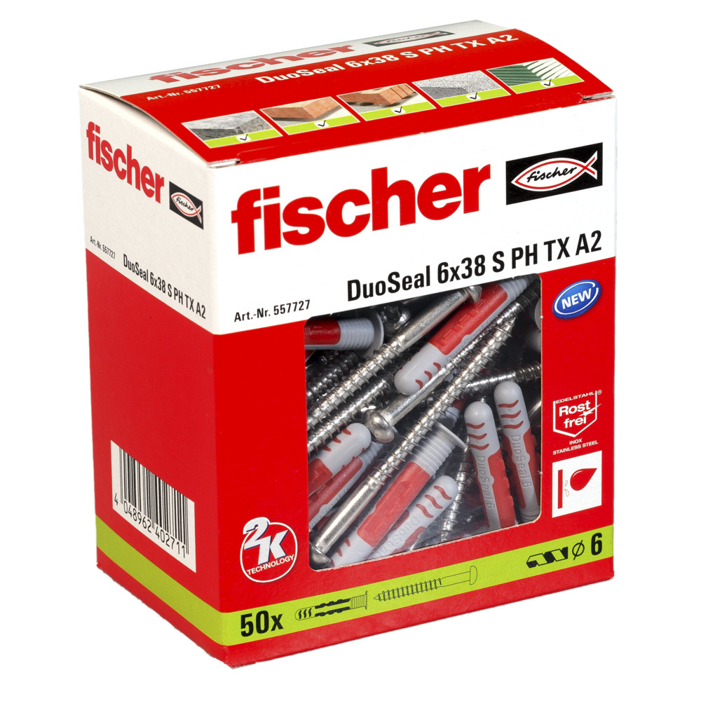 Een rood-witte doos met fischer DuoSeal schroeven, roestvrijstalen label.