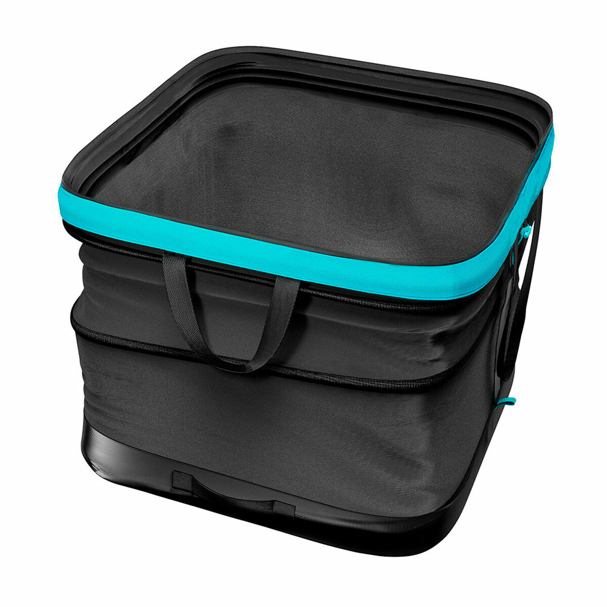 Składany czarny i niebiesko-zielony pojemnik ogrodowy na białym tle.