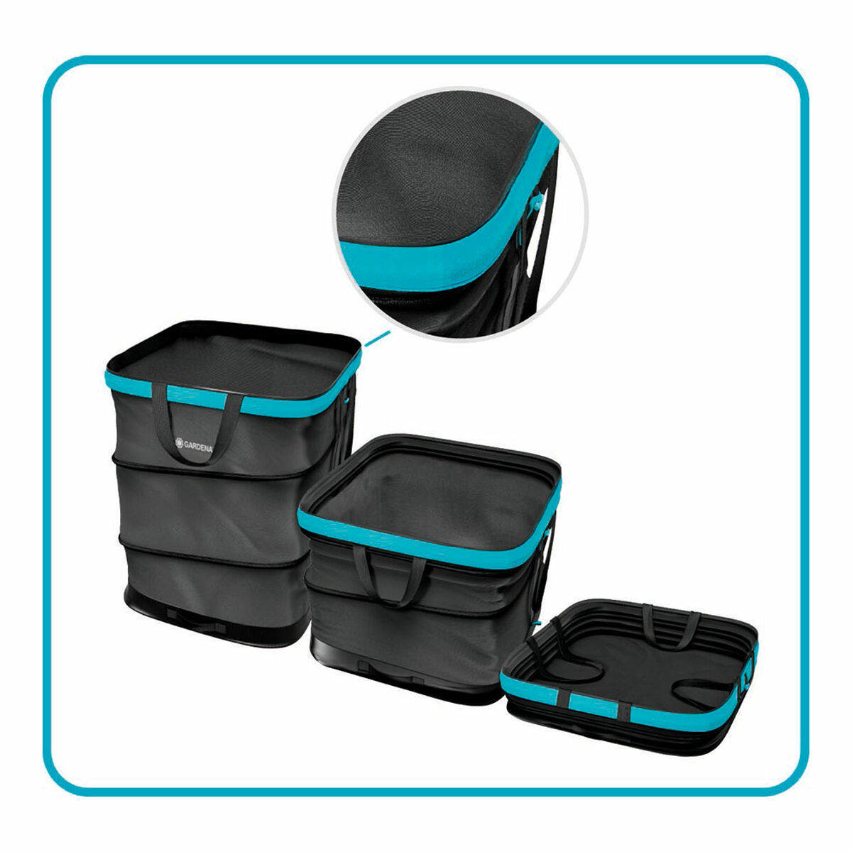 Trzy składane czarne i niebiesko-zielone pojemniki ogrodowe na białym tle.