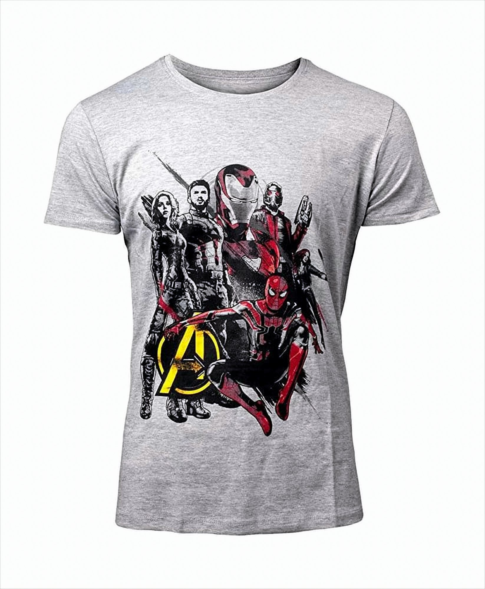 Graues T-Shirt mit Avengers-Figuren: Black Widow, Captain America, Iron Man und Spider-Man. Weißer Hintergrund.