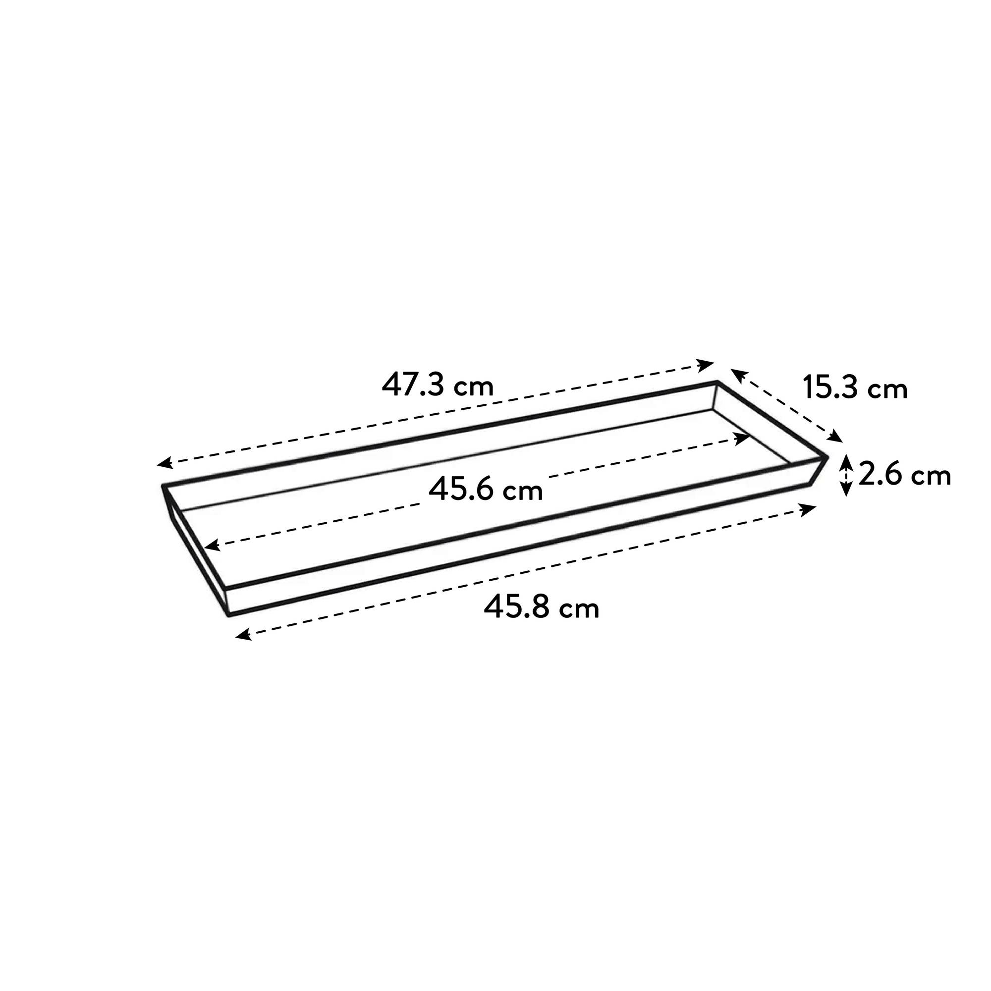 Una bandeja rectangular con dimensiones en centímetros. La bandeja está vacía.