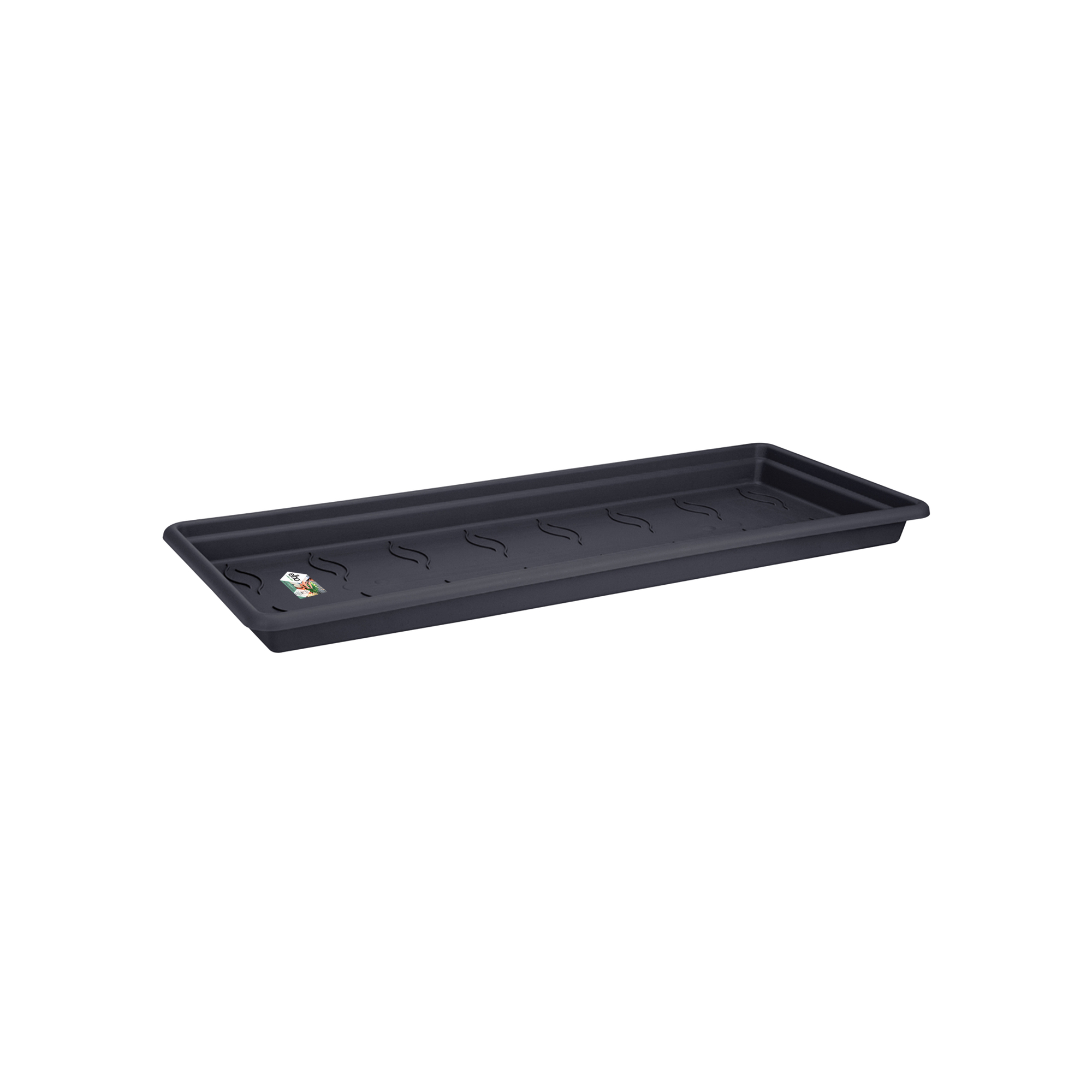 Bandeja rectangular negra para macetas con agujeros de drenaje.