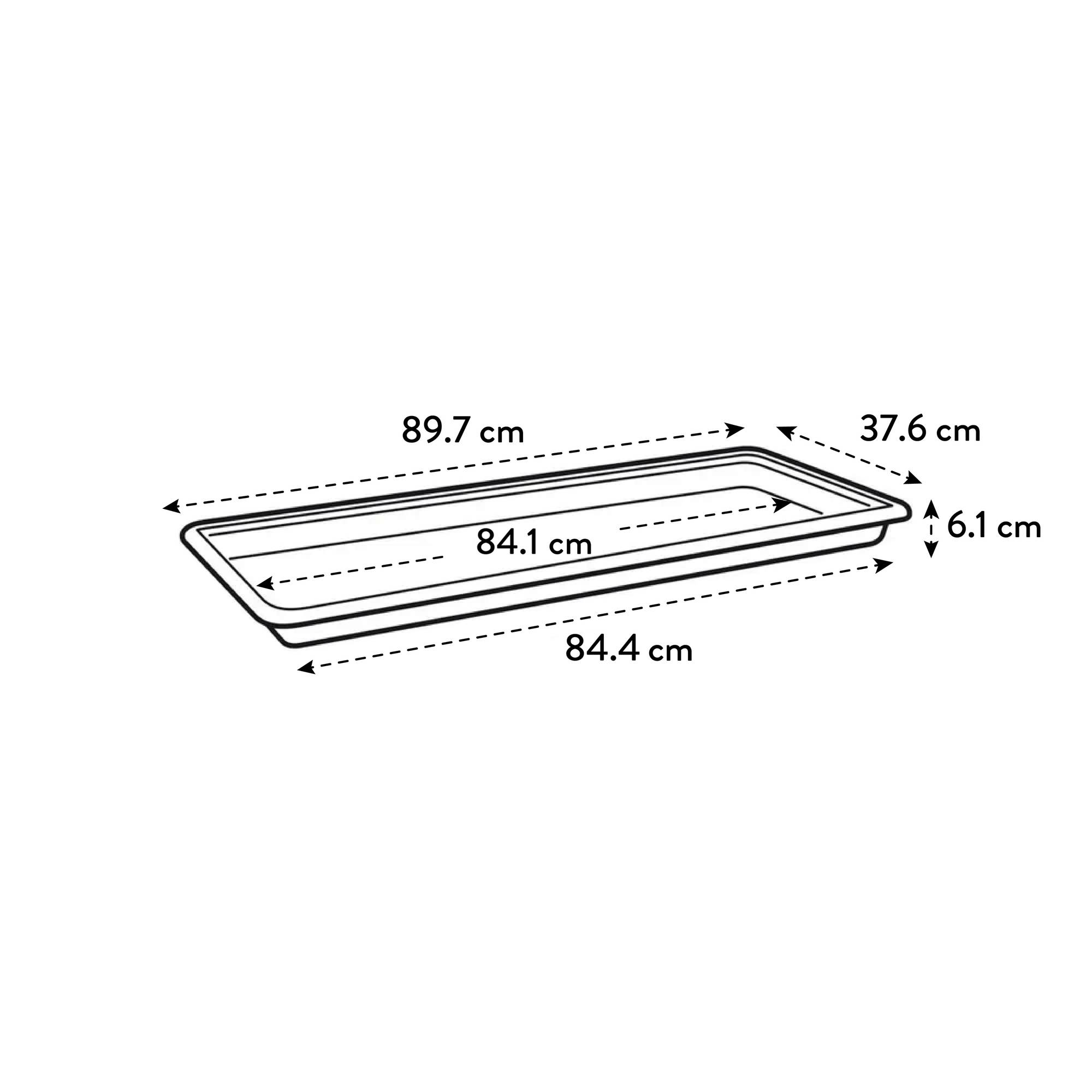 Contorno en blanco y negro de una bandeja para macetas con dimensiones.