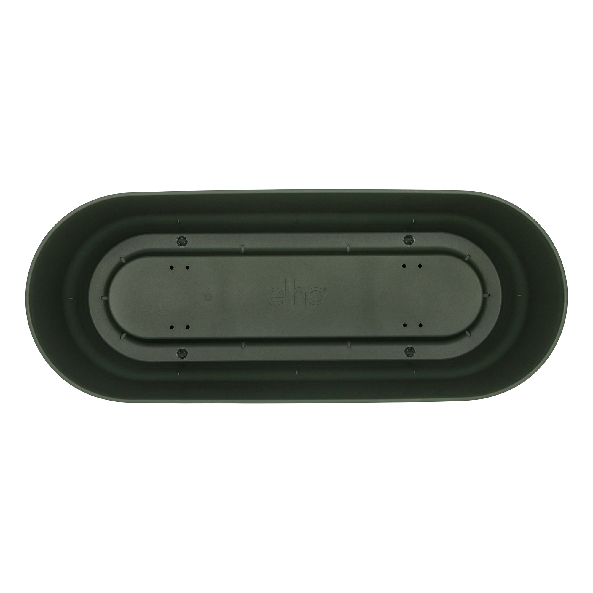 Widok od spodu ciemnozielonej, owalnej donicy.