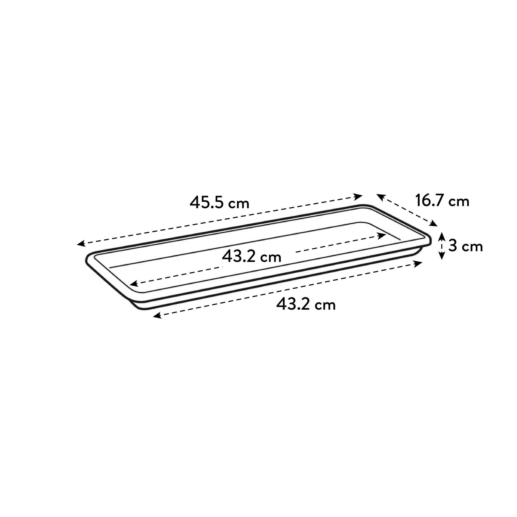 Dimensiones de una bandeja rectangular para plantas: 45,5 cm de largo, 16,7 cm de ancho, 3 cm de alto.