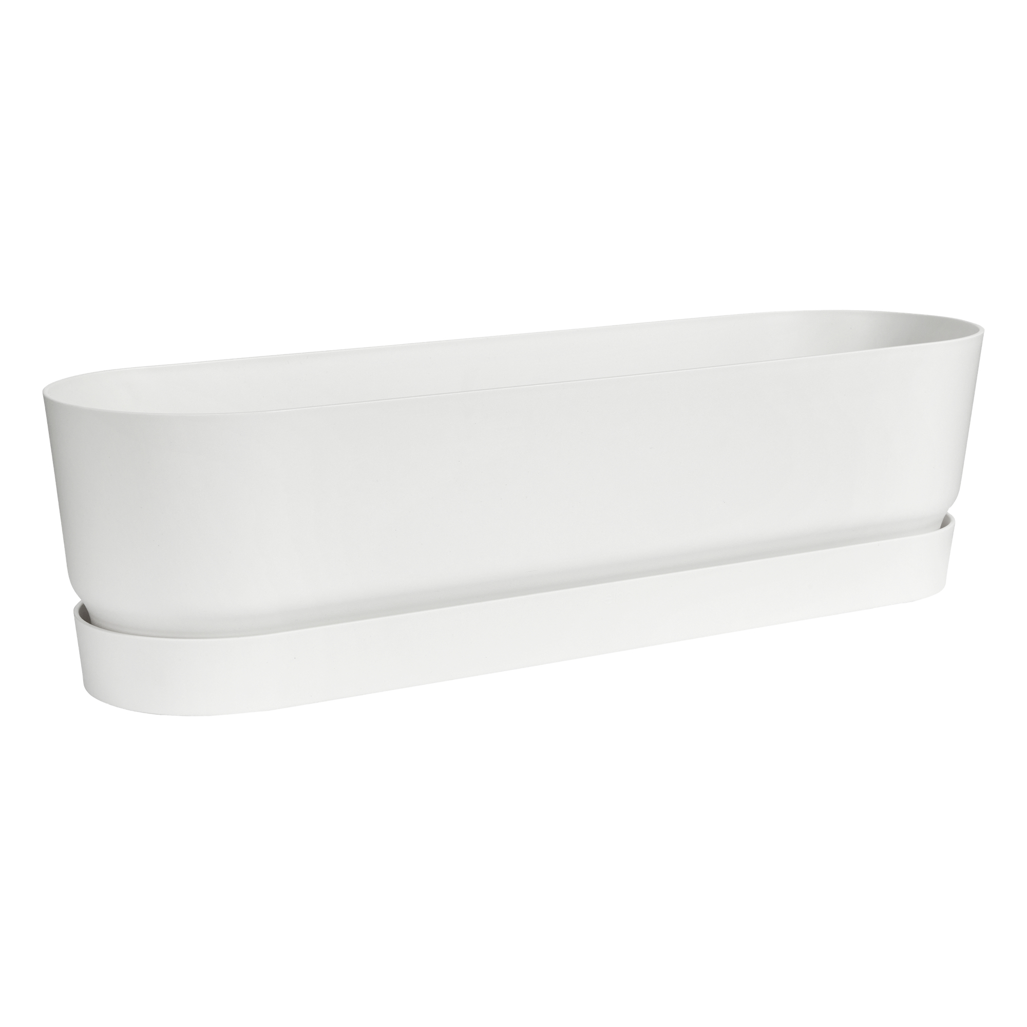 Biała prostokątna donica z pasującą tacą. Donica jest długa i płytka.