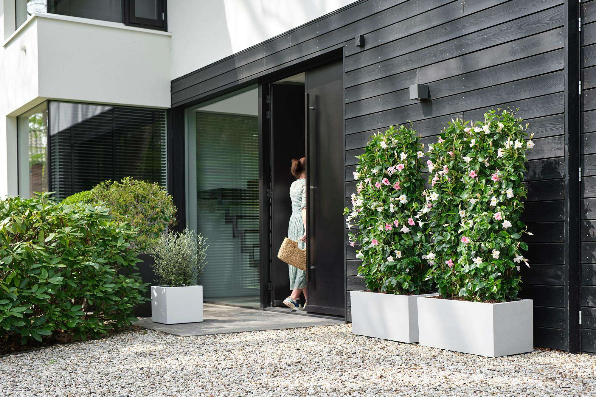 Kobieta otwiera drzwi do ogrodu. Są dwie białe donice z kwiatami. Na ziemi jest żwir.