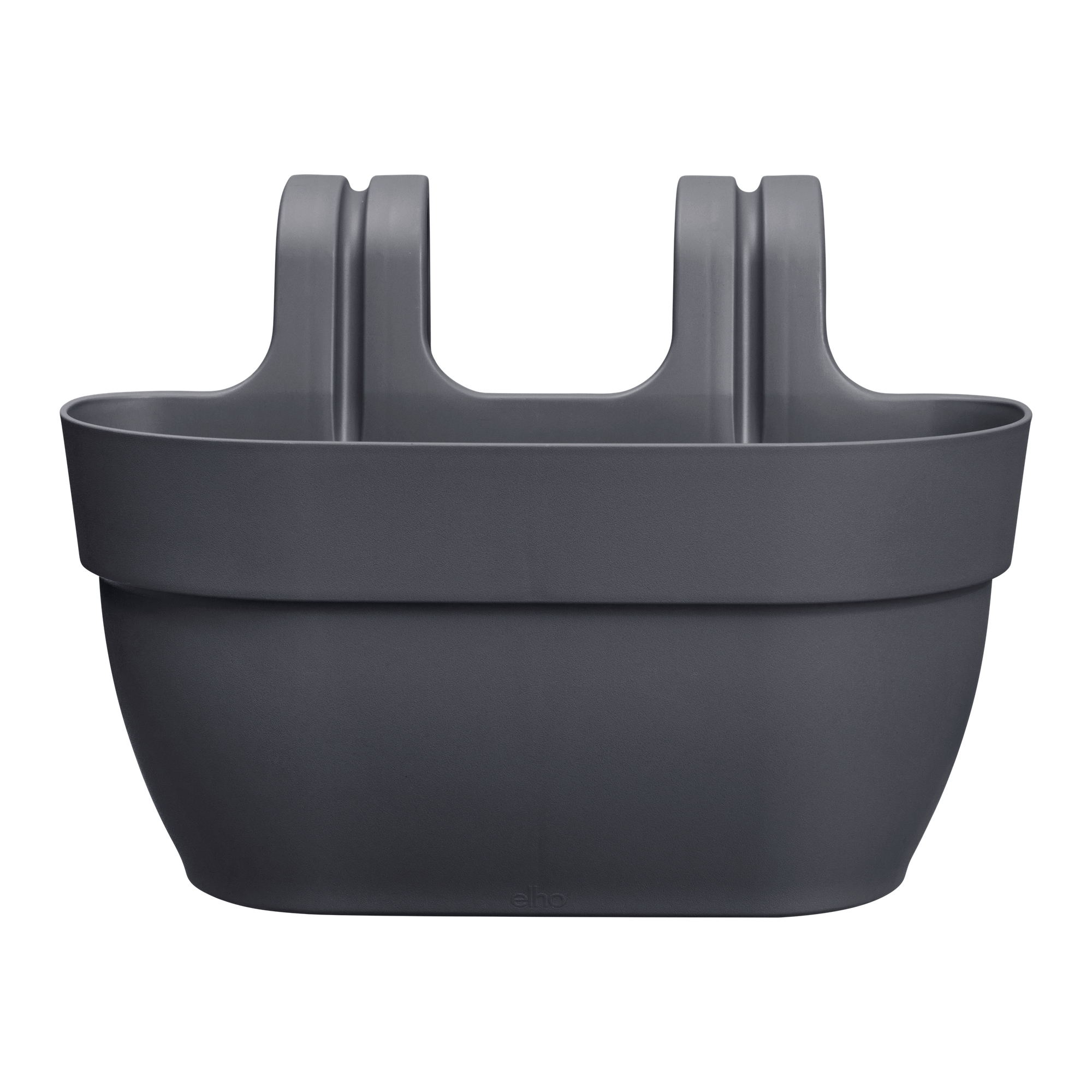 Ciemnoszara wisząca donica na białym tle. Dwa uchwyty na górze.