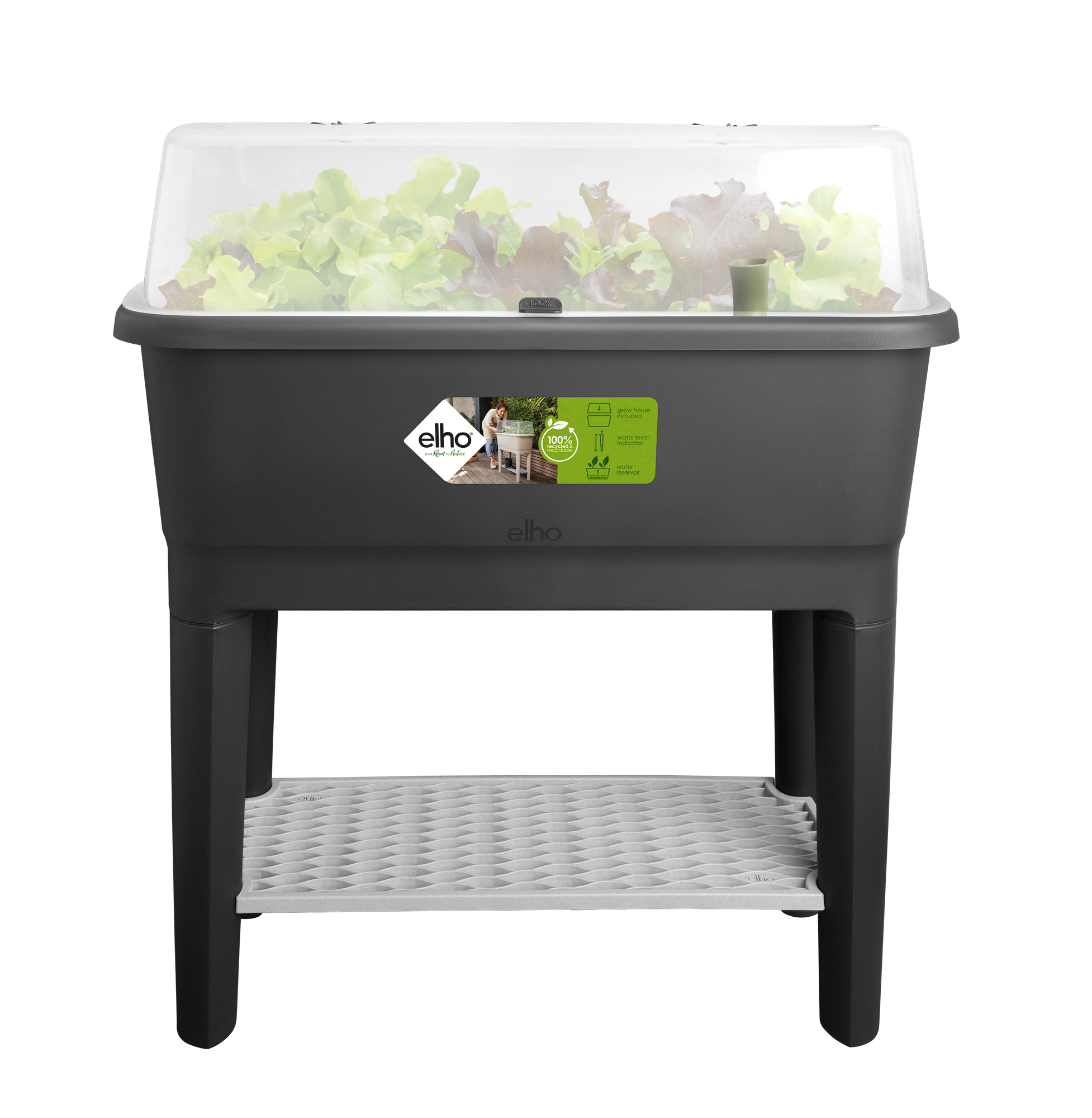 Ciemnoszara podniesiona grządka z roślinami i przezroczystą pokrywą. Marka Elho.