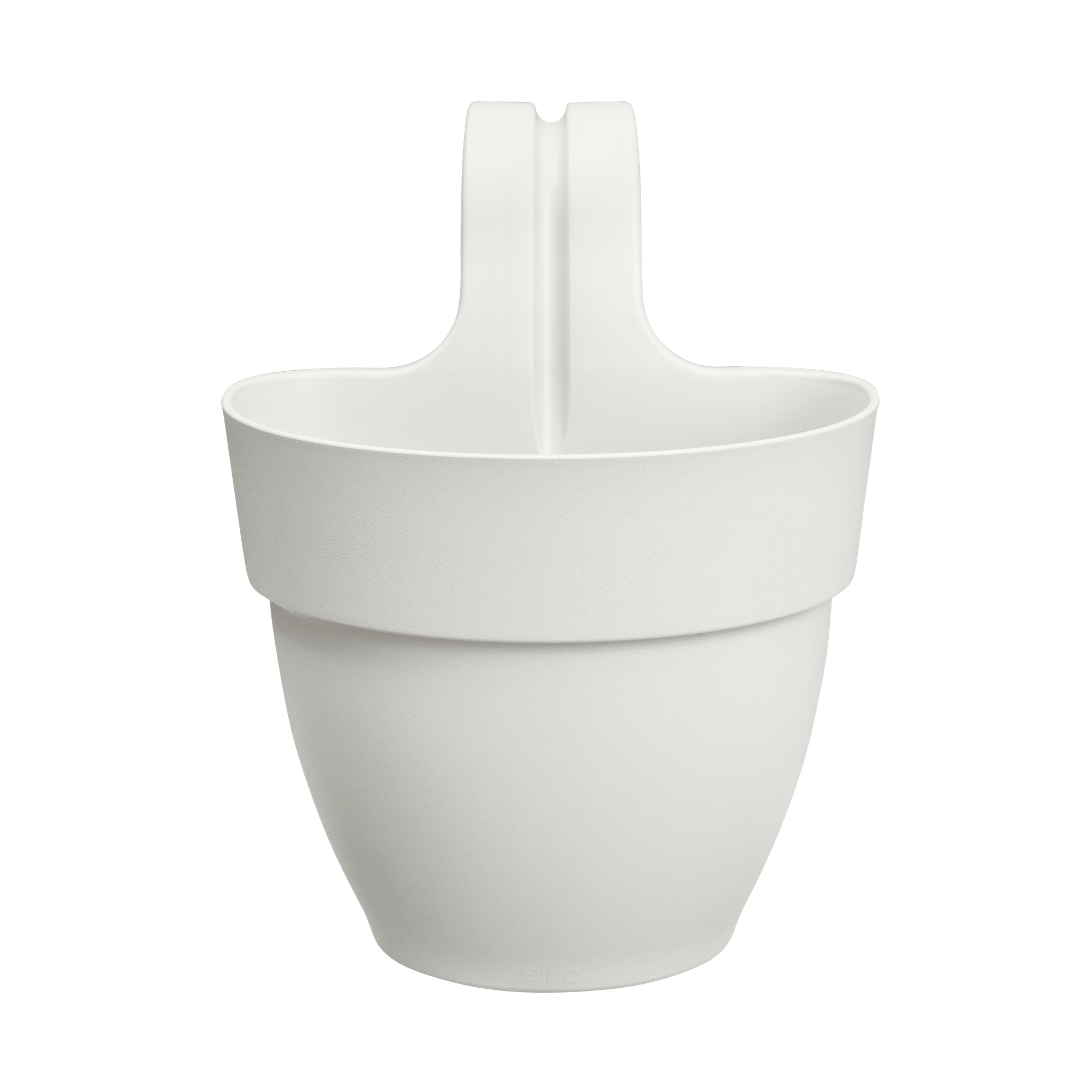 Biała donica wisząca, z haczykami. Prosty, zaokrąglony kształt. Logo Elho niewidoczne.