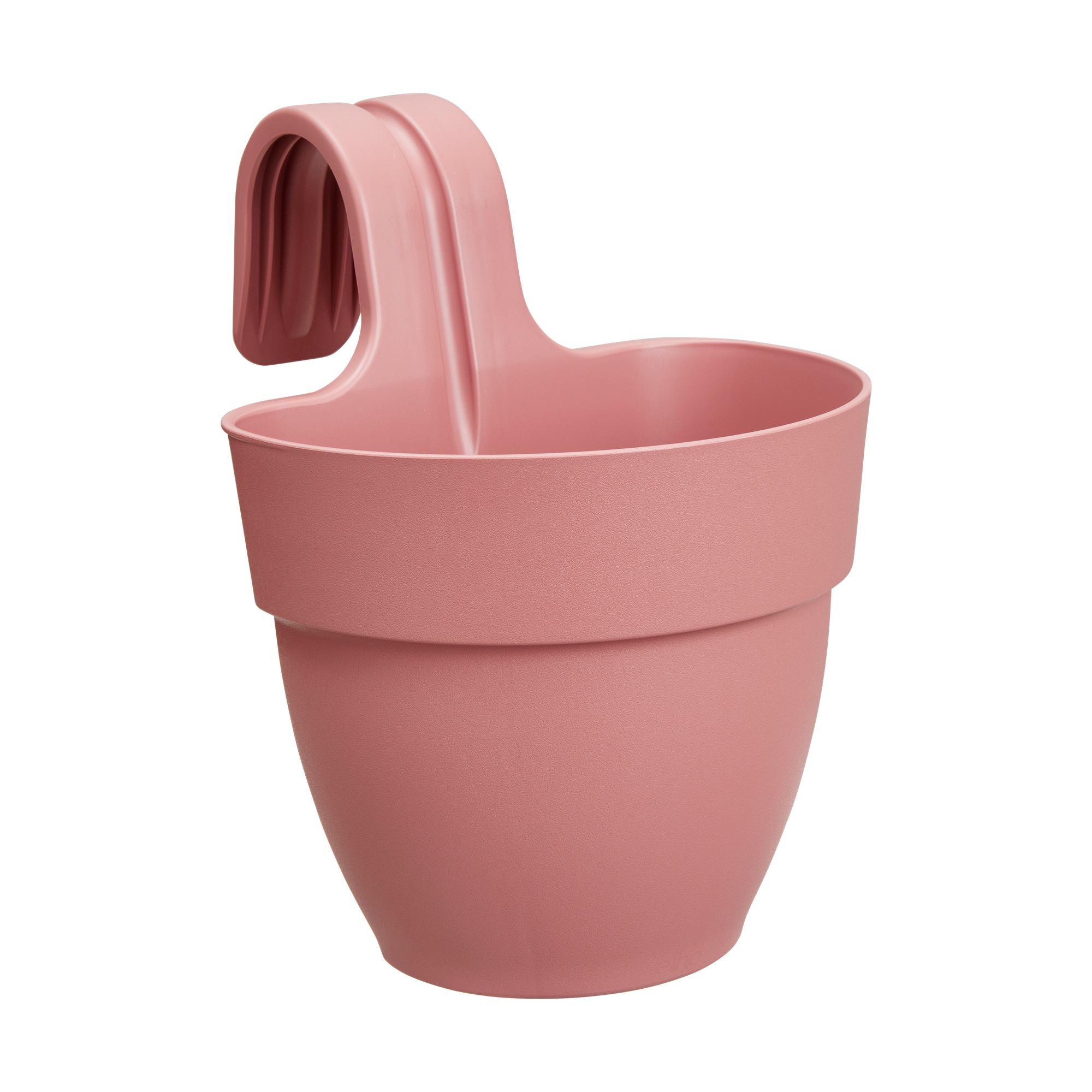 Różowa donica wisząca, widok z boku, na białym tle.