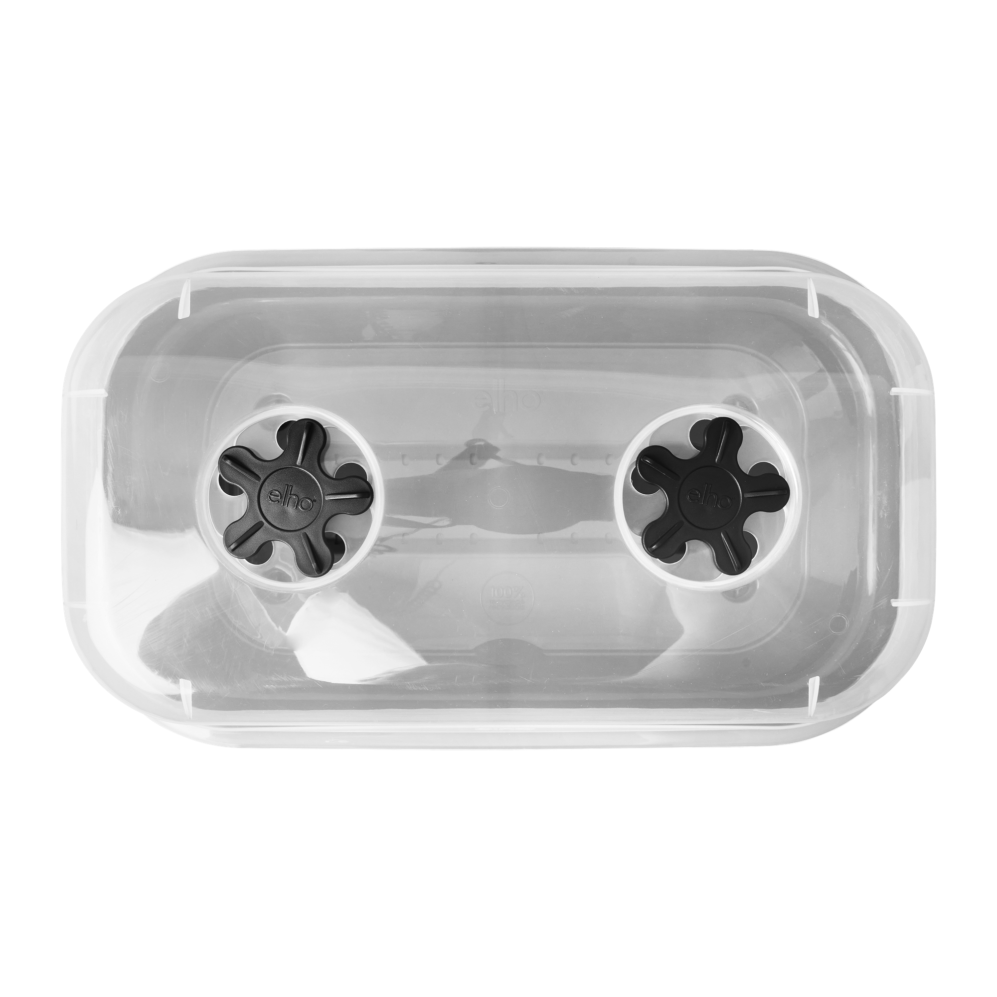 Biała pokrywa z dwoma czarnymi pokrętłami. Logo Elho znajduje się pośrodku.